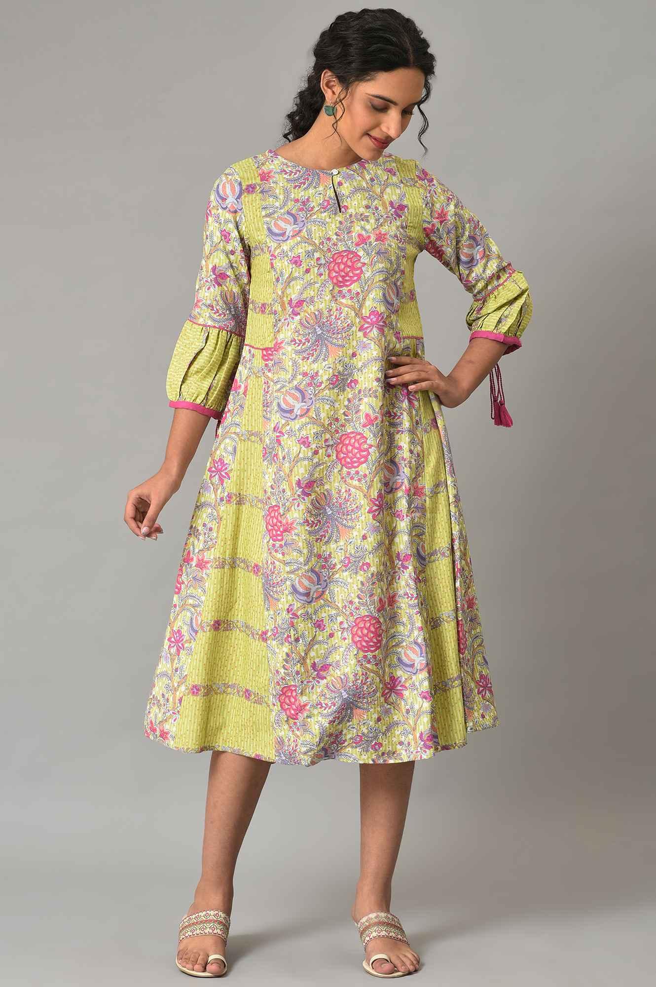 W for Woman Green Printed Godget Summer Dress