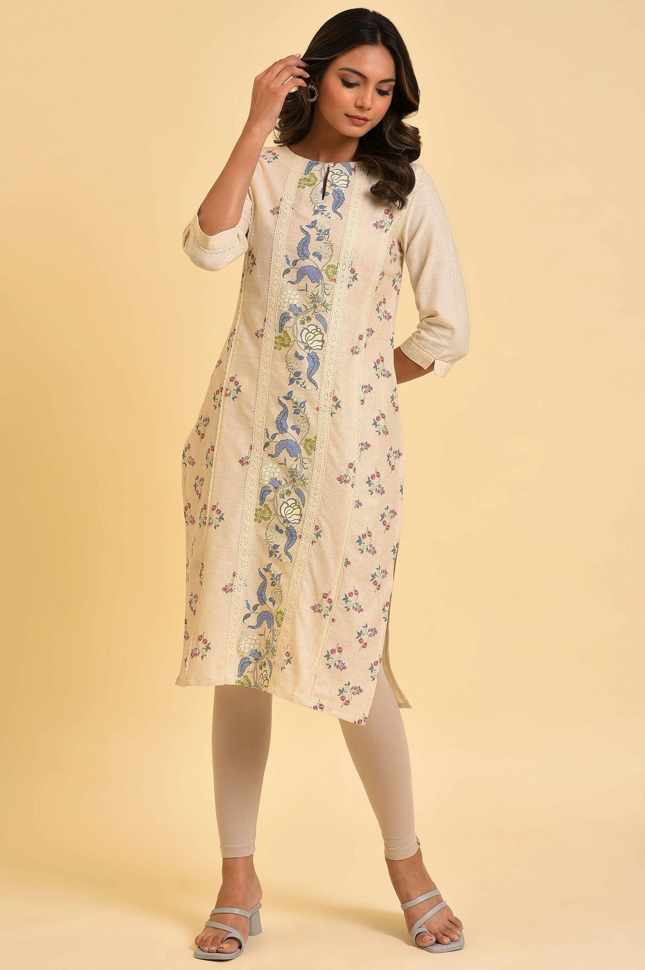 W for Woman Ecru Floral Printed kurta With Lace Detailing