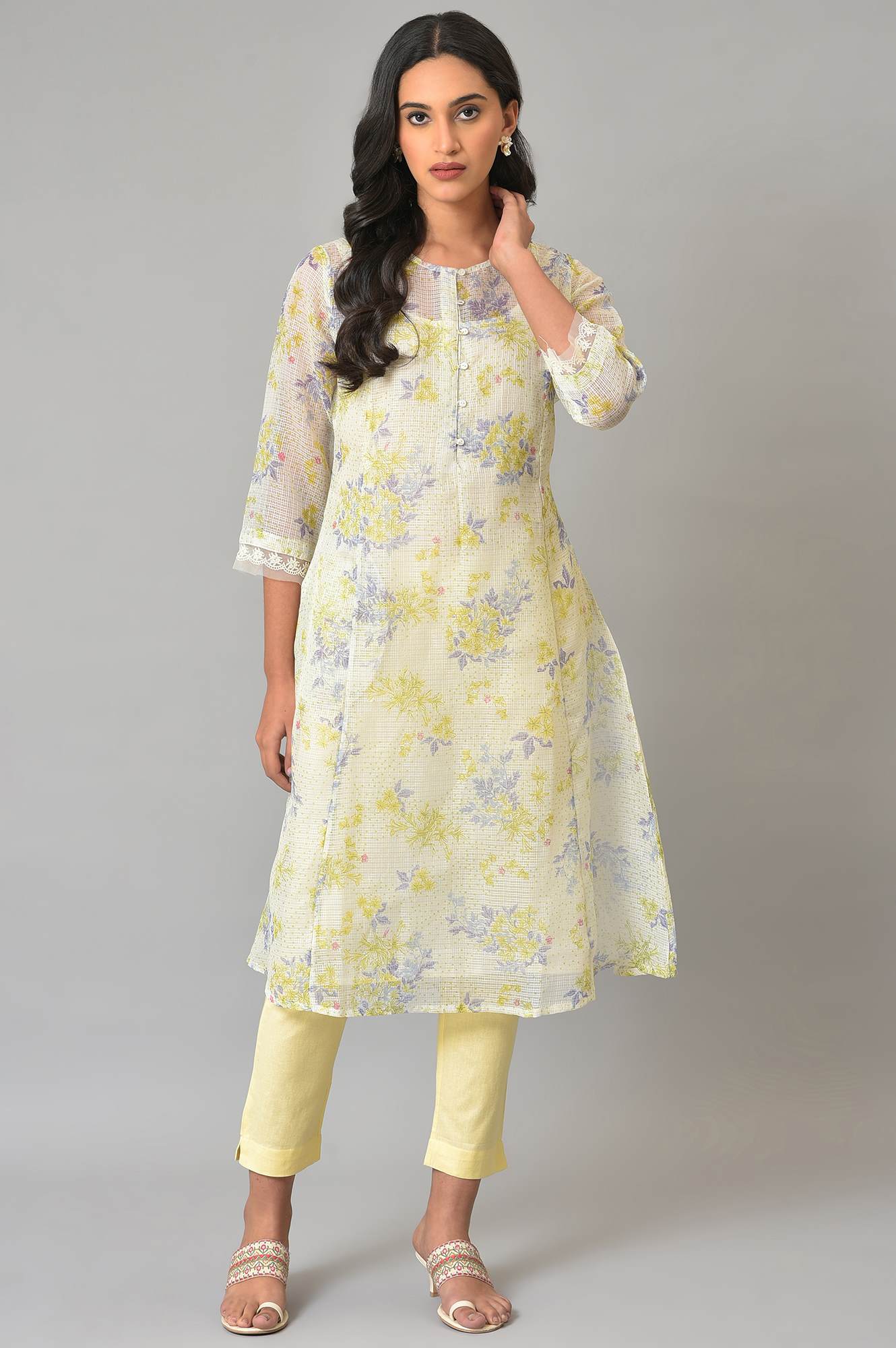 W for Woman Ecru Floral Printed Kota Inner Kurta