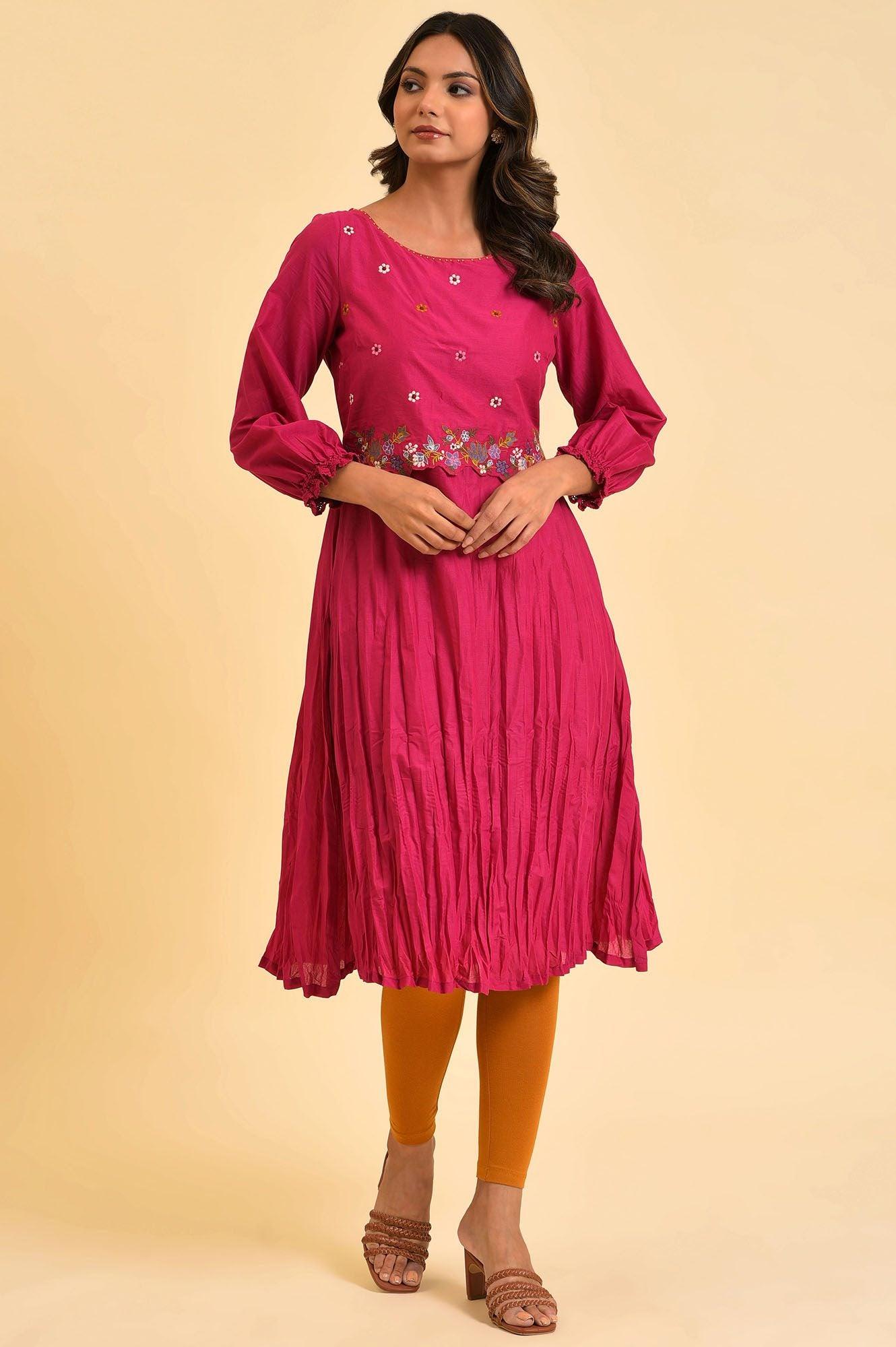 W for Woman Pink Embroidered Crinkled kurta