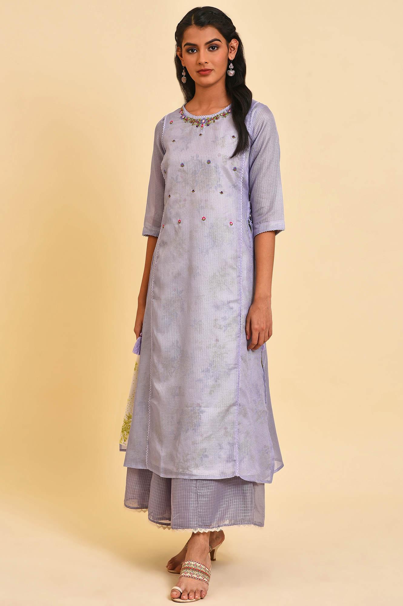 W for Woman Purple Kota Layered Printed kurta