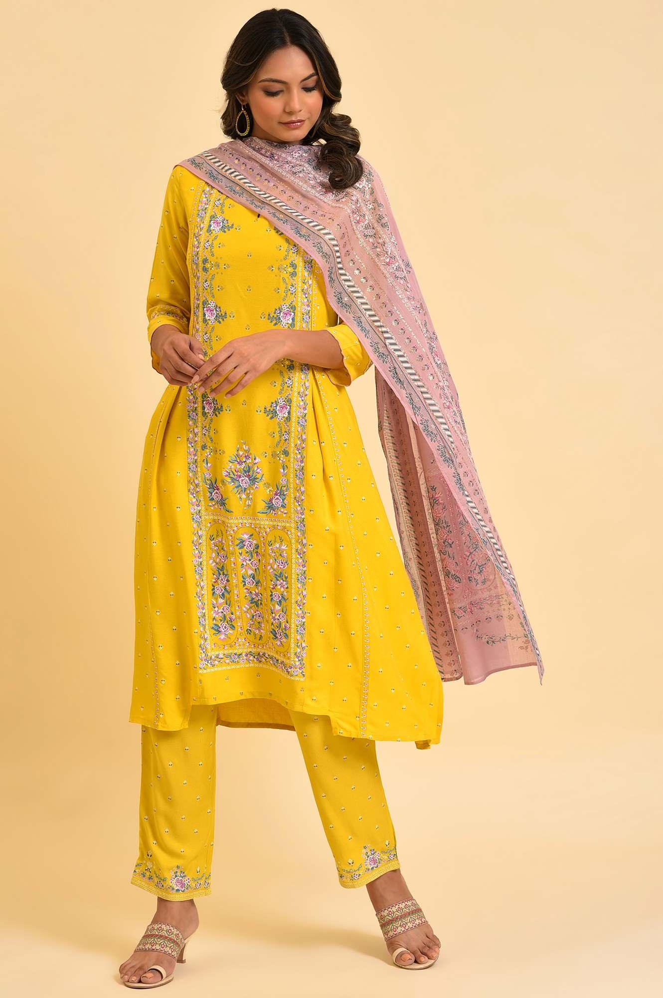 W for Woman Yellow Glitter Printed A-Line kurta