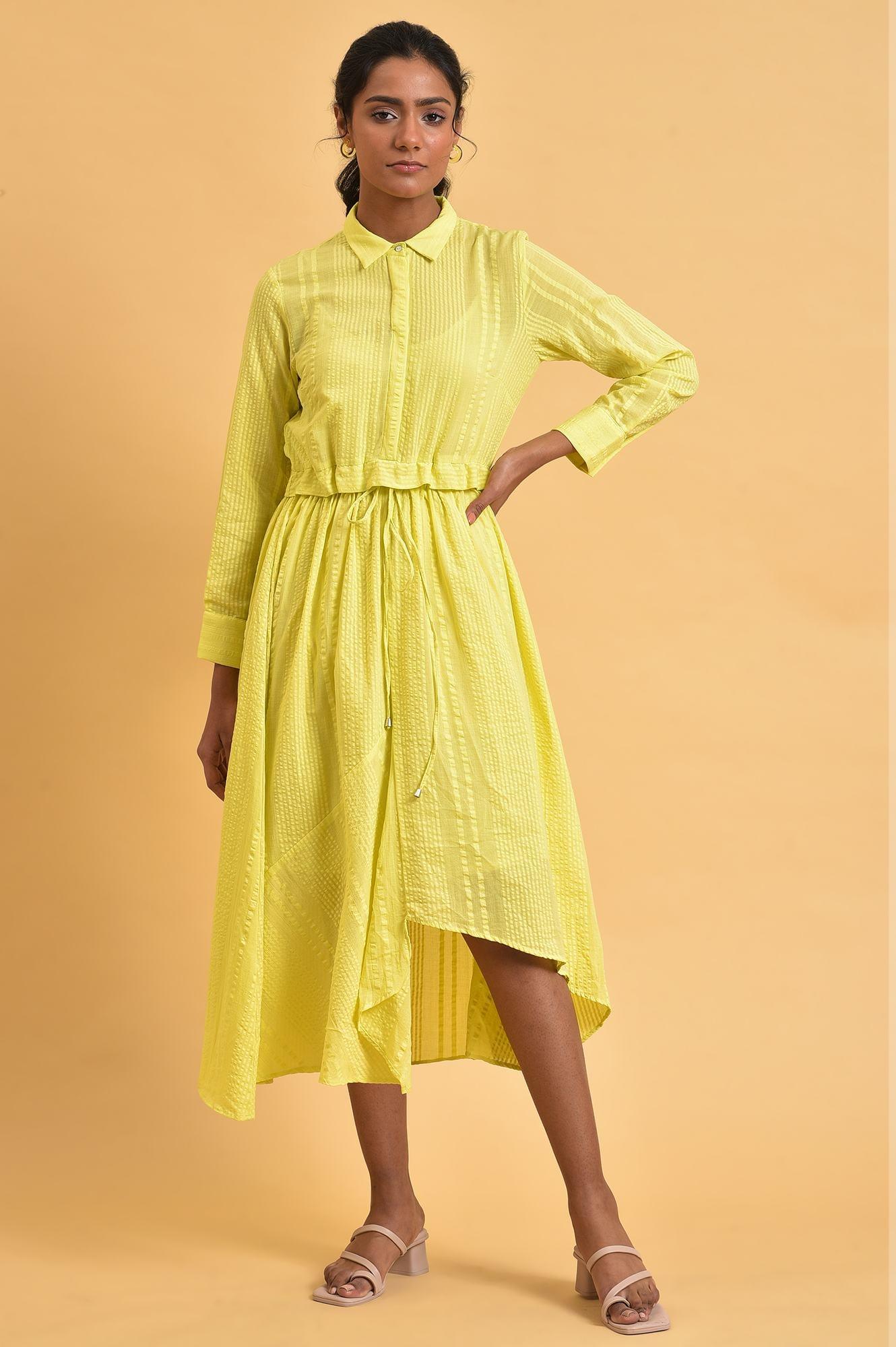 W for Woman Green Gathered Shirt Collar Dress
