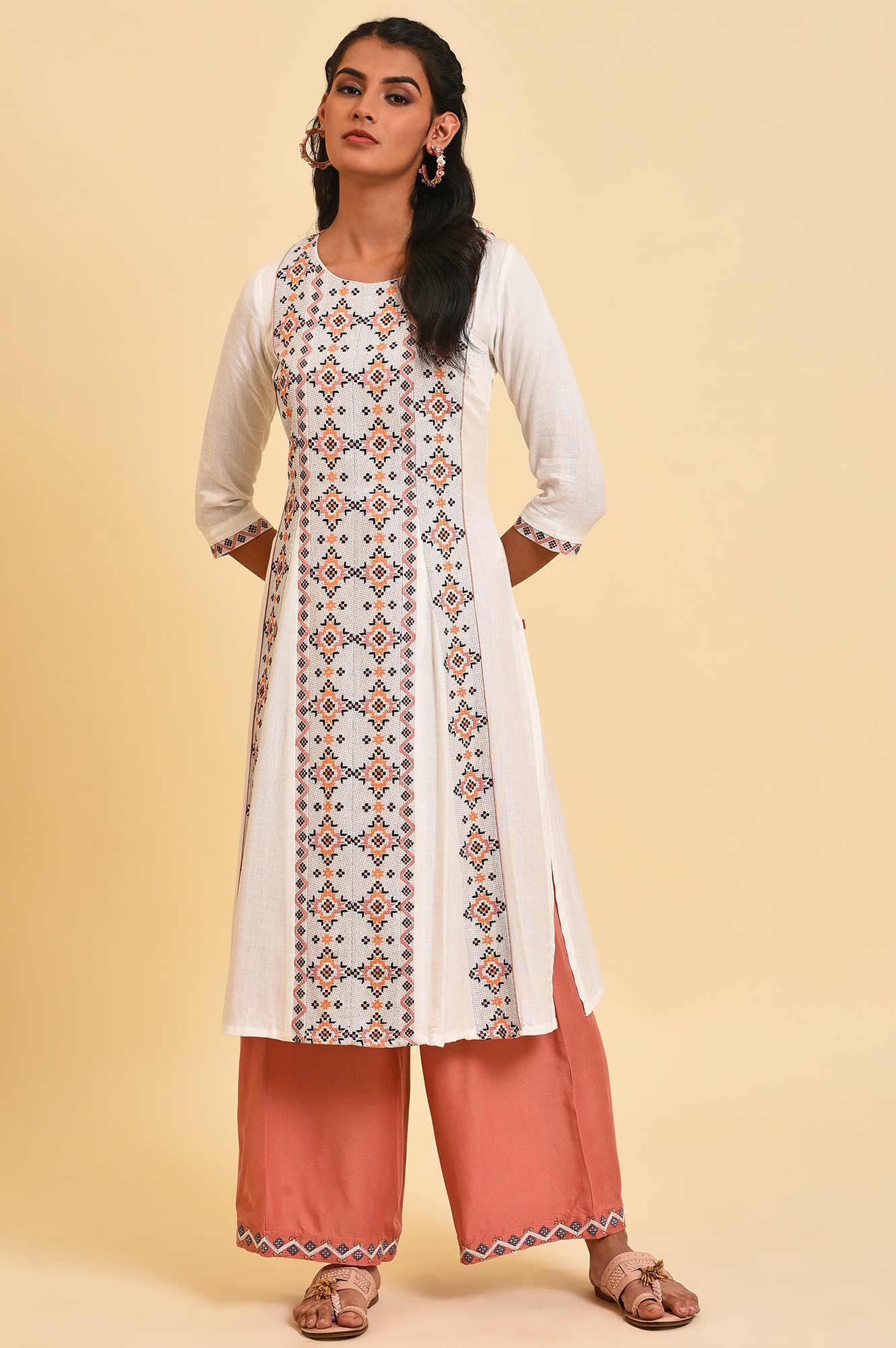 W for Woman Ecru Geometric Print Round Neck Summer kurta