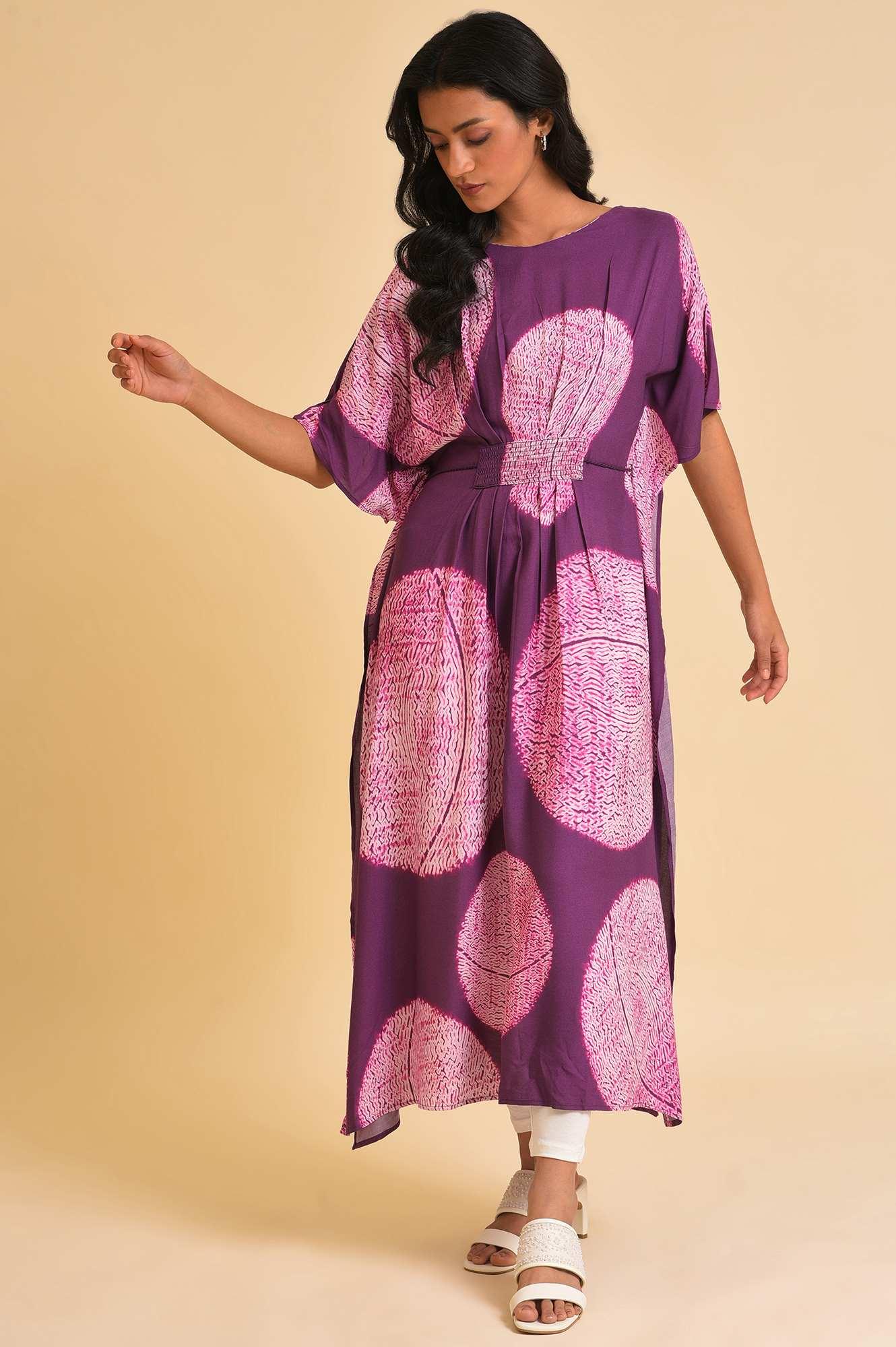 W for Woman Purple Bold Graphic Printed Kaftan With Back Tie Up