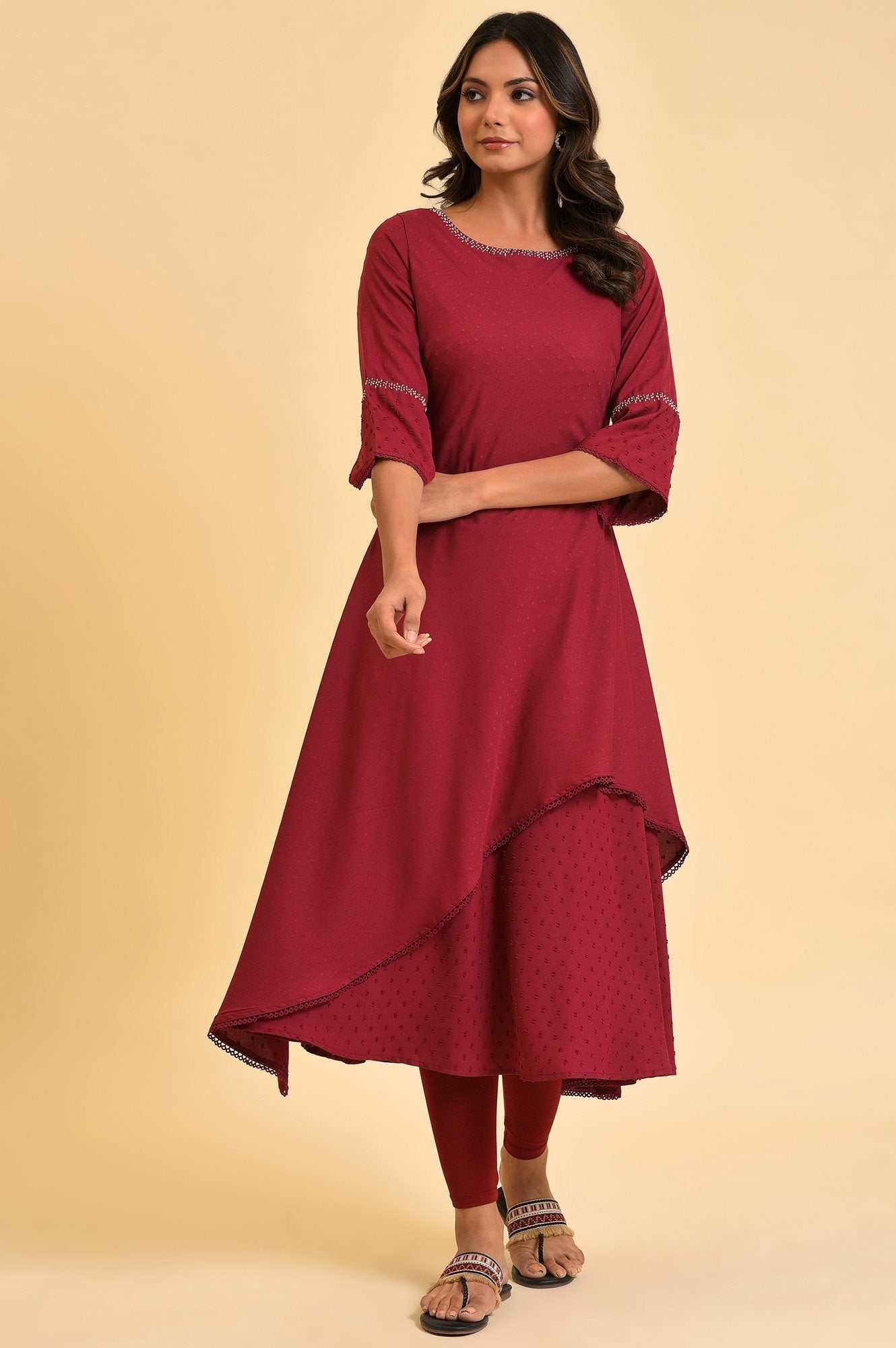 W for Woman Maroon Mock Layered kurta In Moss Buti