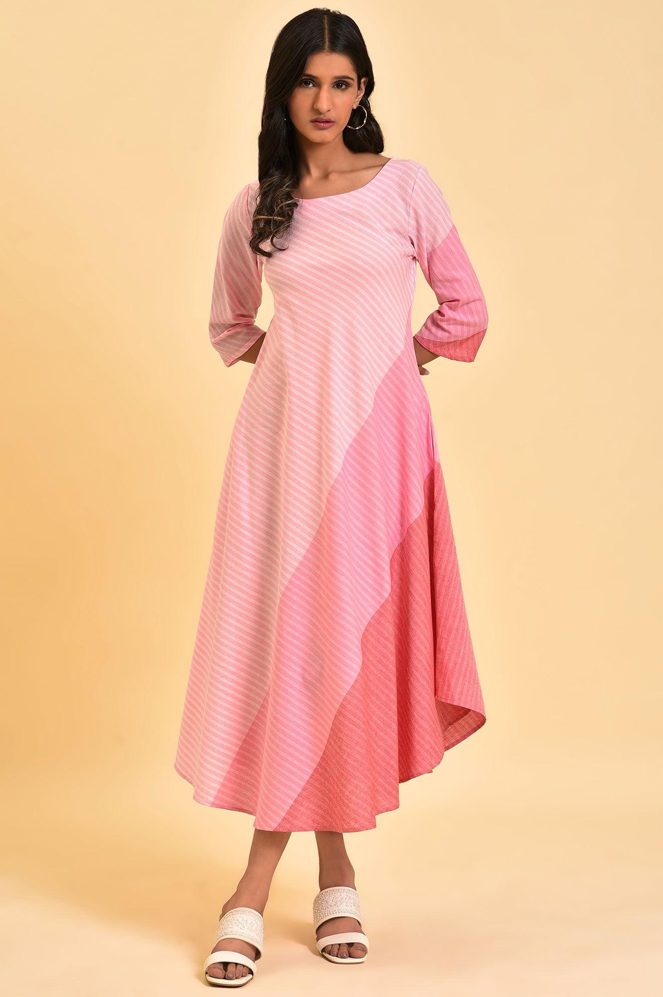 W for Woman Pink Colourful Bias Stripe FLared Dress