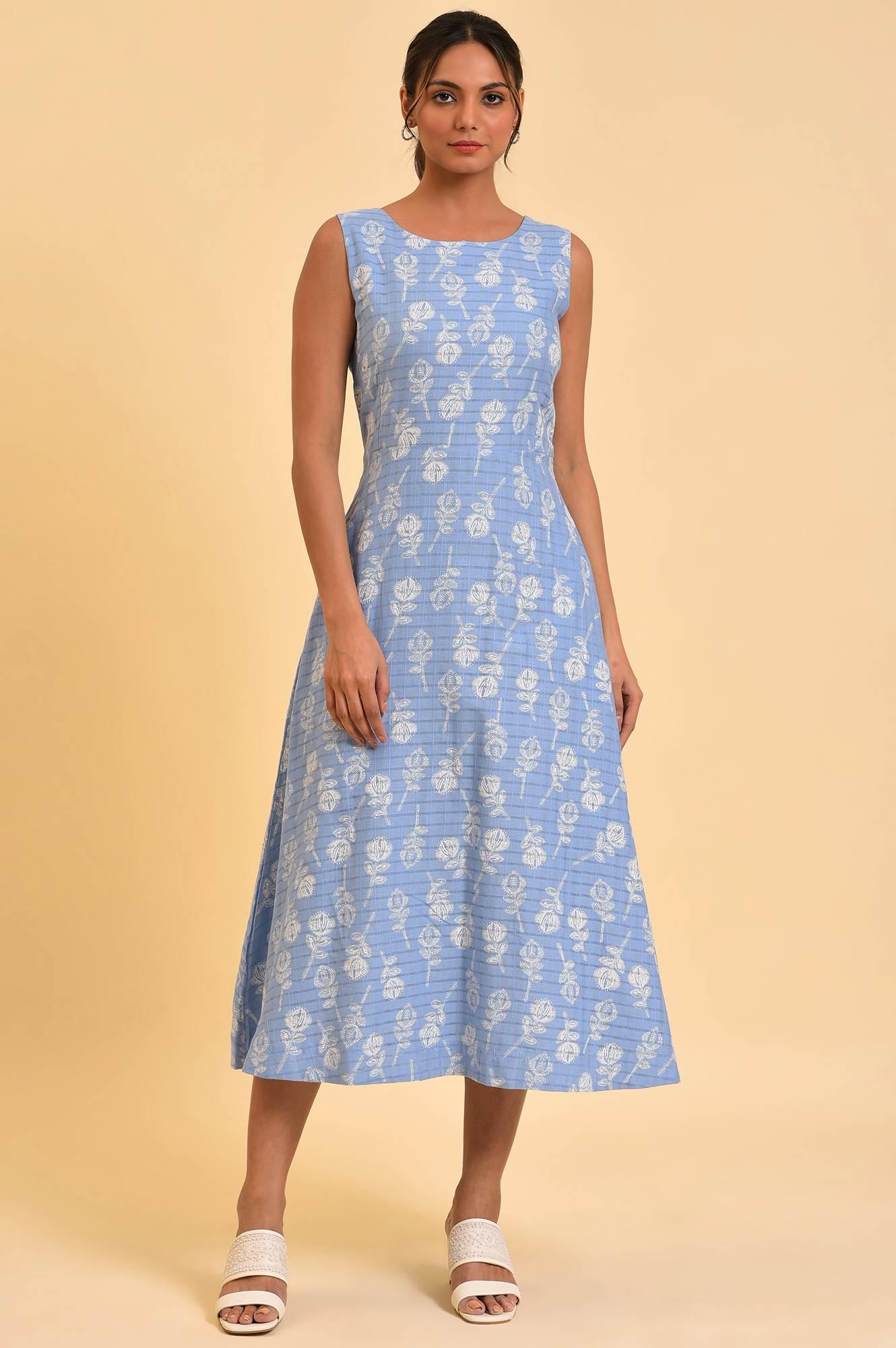 W for Woman Light Blue Printed Cotton Vacation Dress