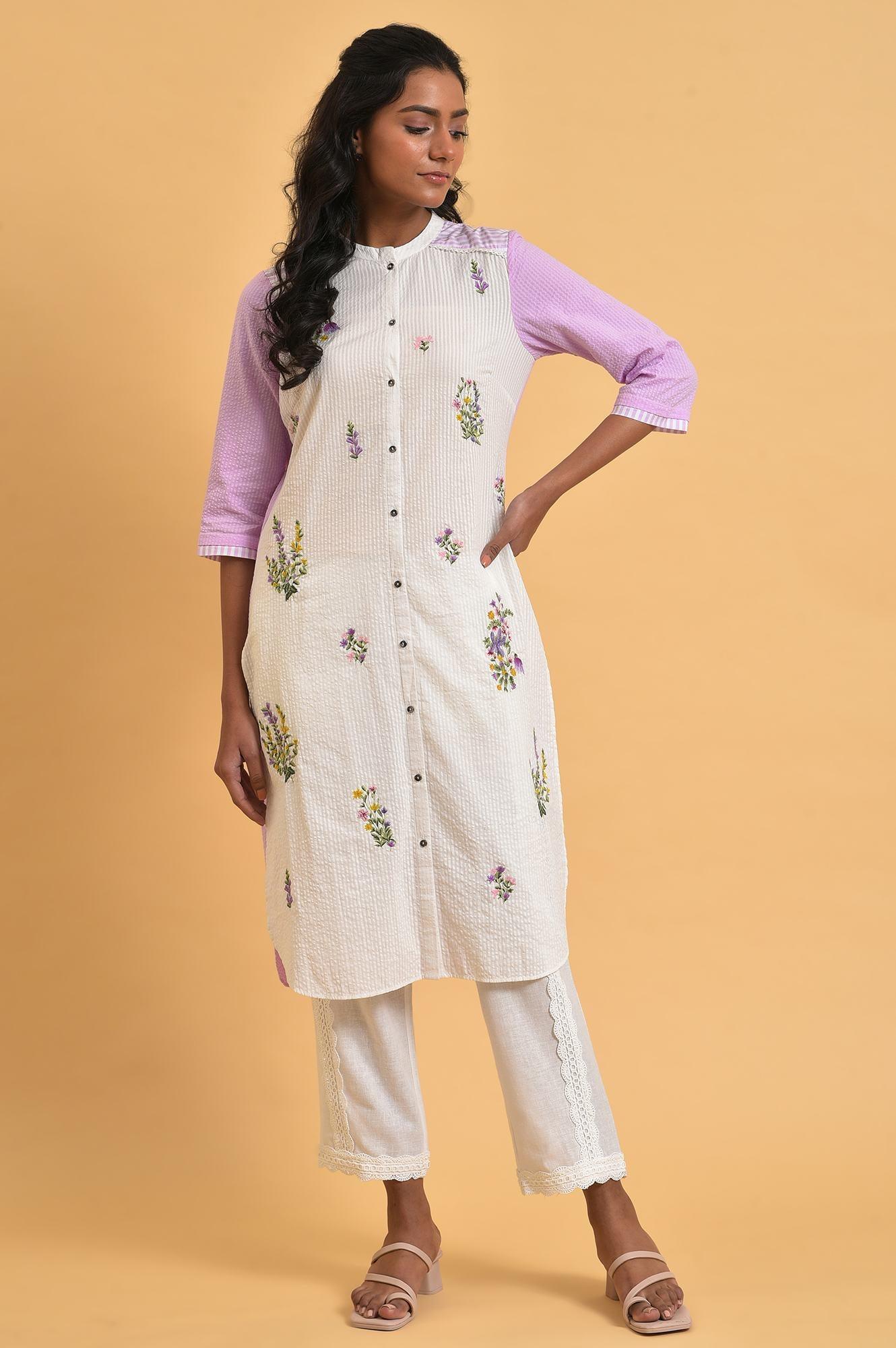 W for Woman White And Light Purple Seer Sucker Embroidered Summer kurta