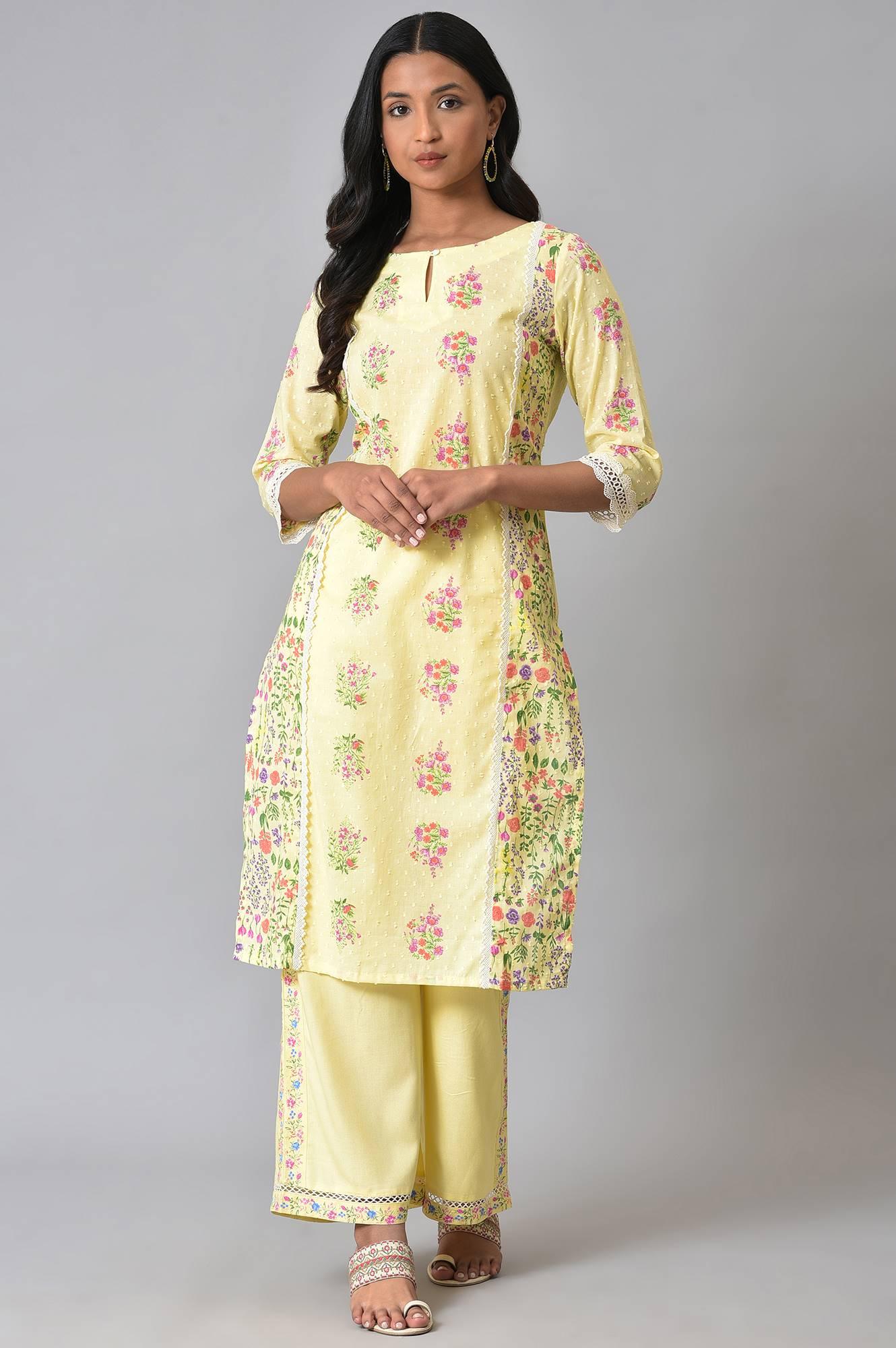 W for Woman Yellow Panelled Floral kurta With Lace Detail