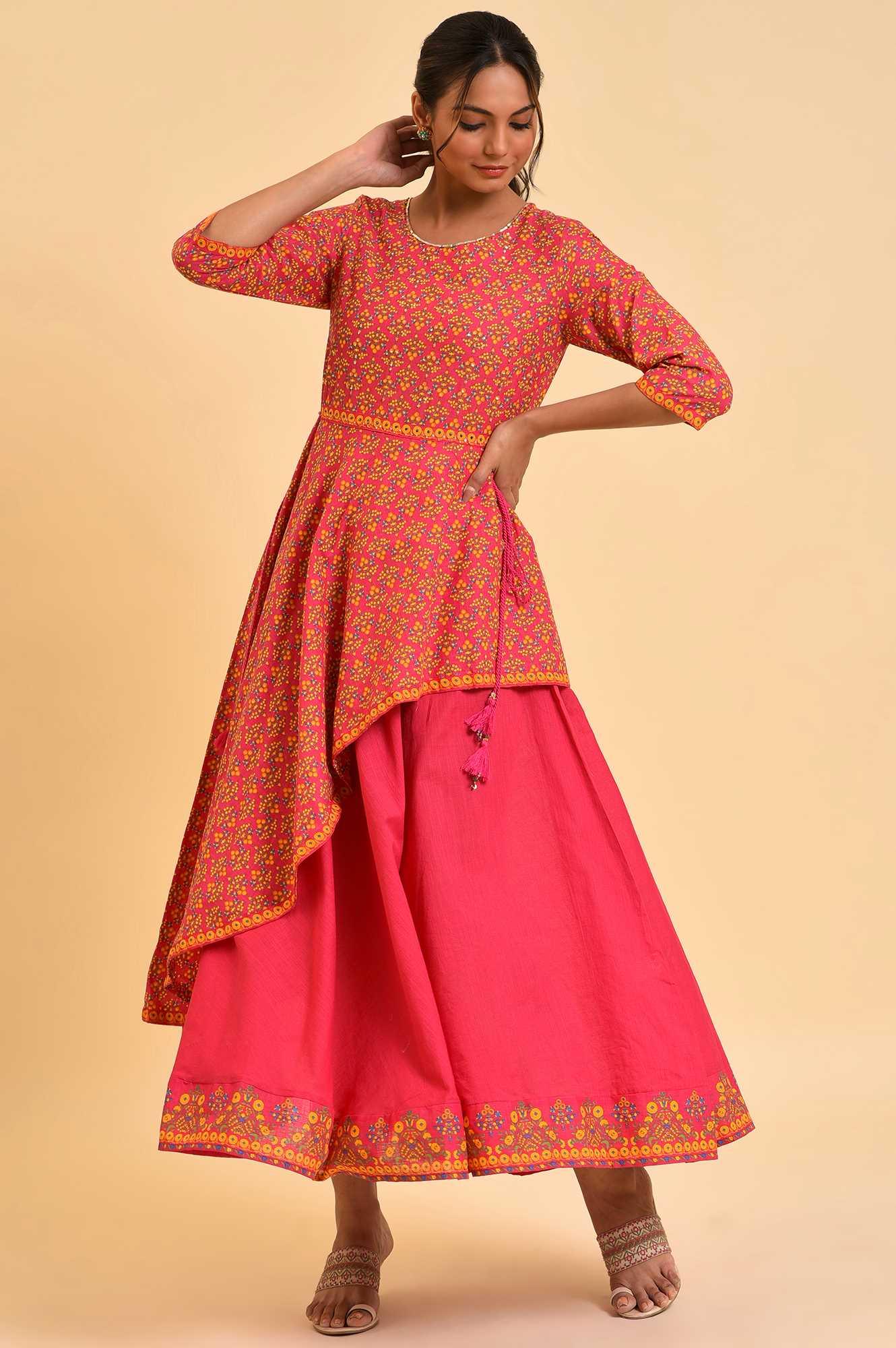 W for Woman Pink Printed Asymmetrical Festive Dress