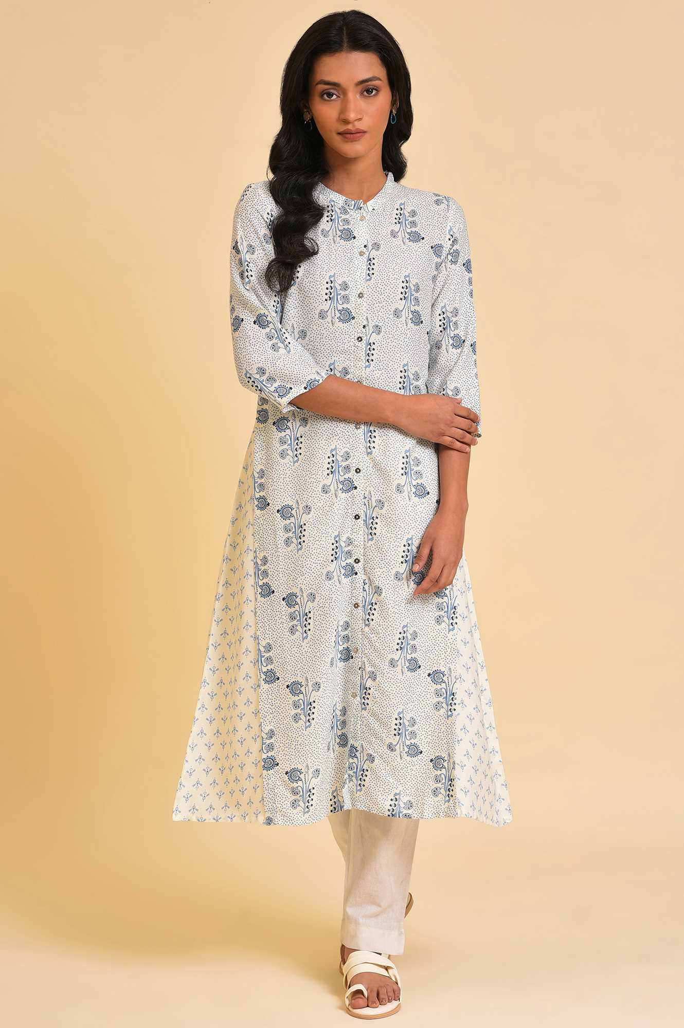 W for Woman White Printed Button Down Kurta