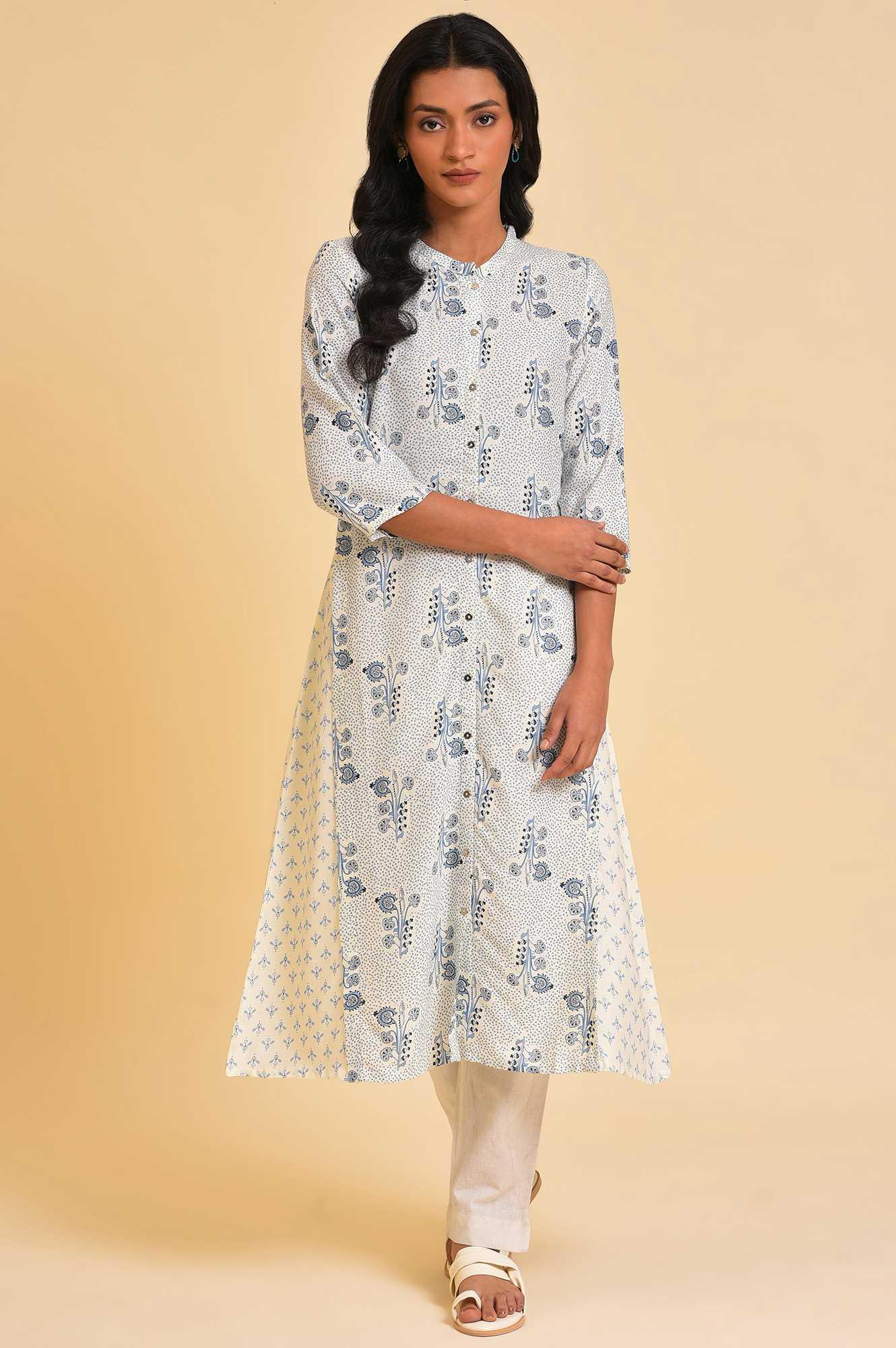 W for Woman White Cotton Printed Button-Down Kurta