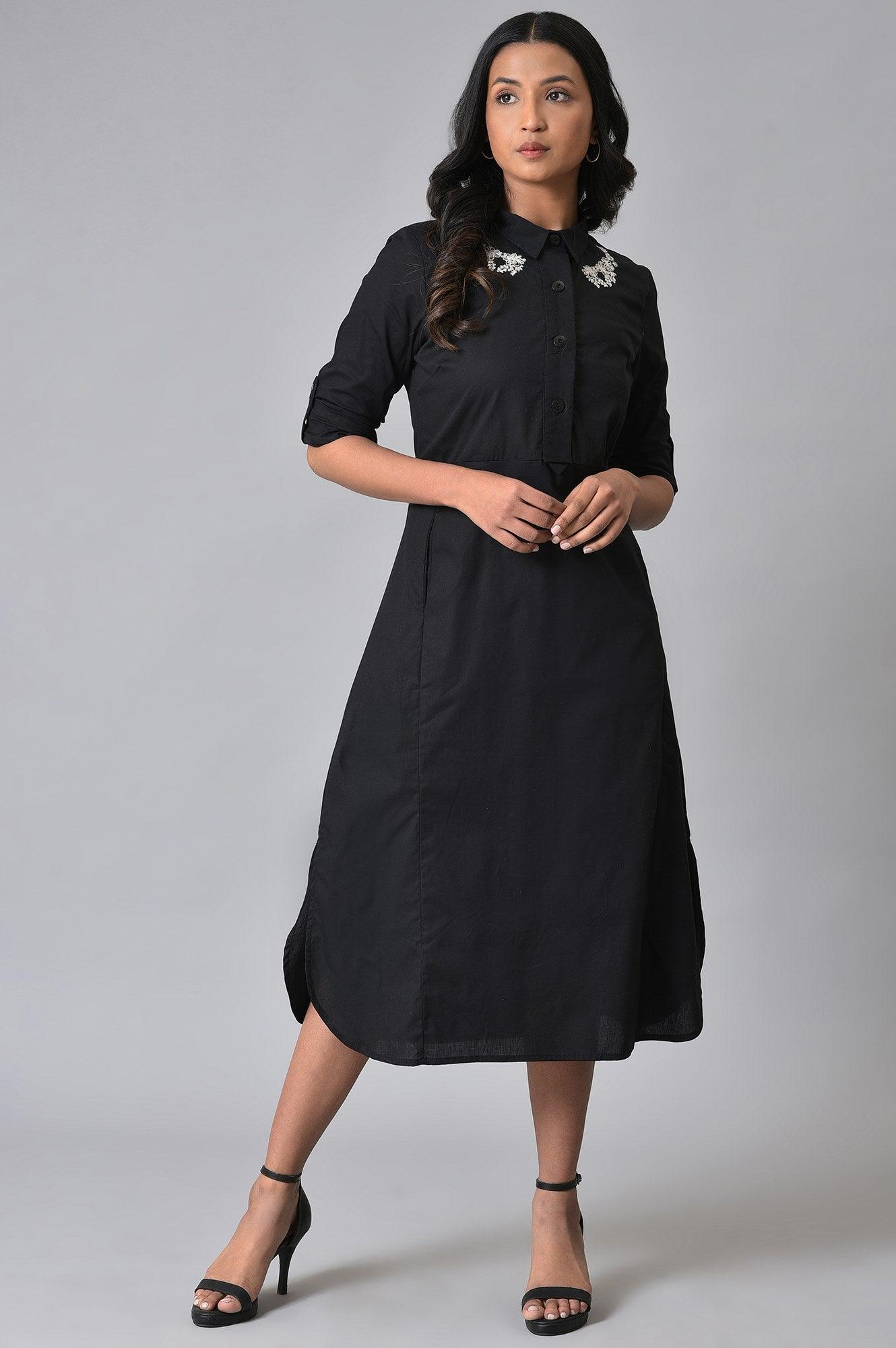 W for Woman Black Cotton Embroidered Shirt Dress