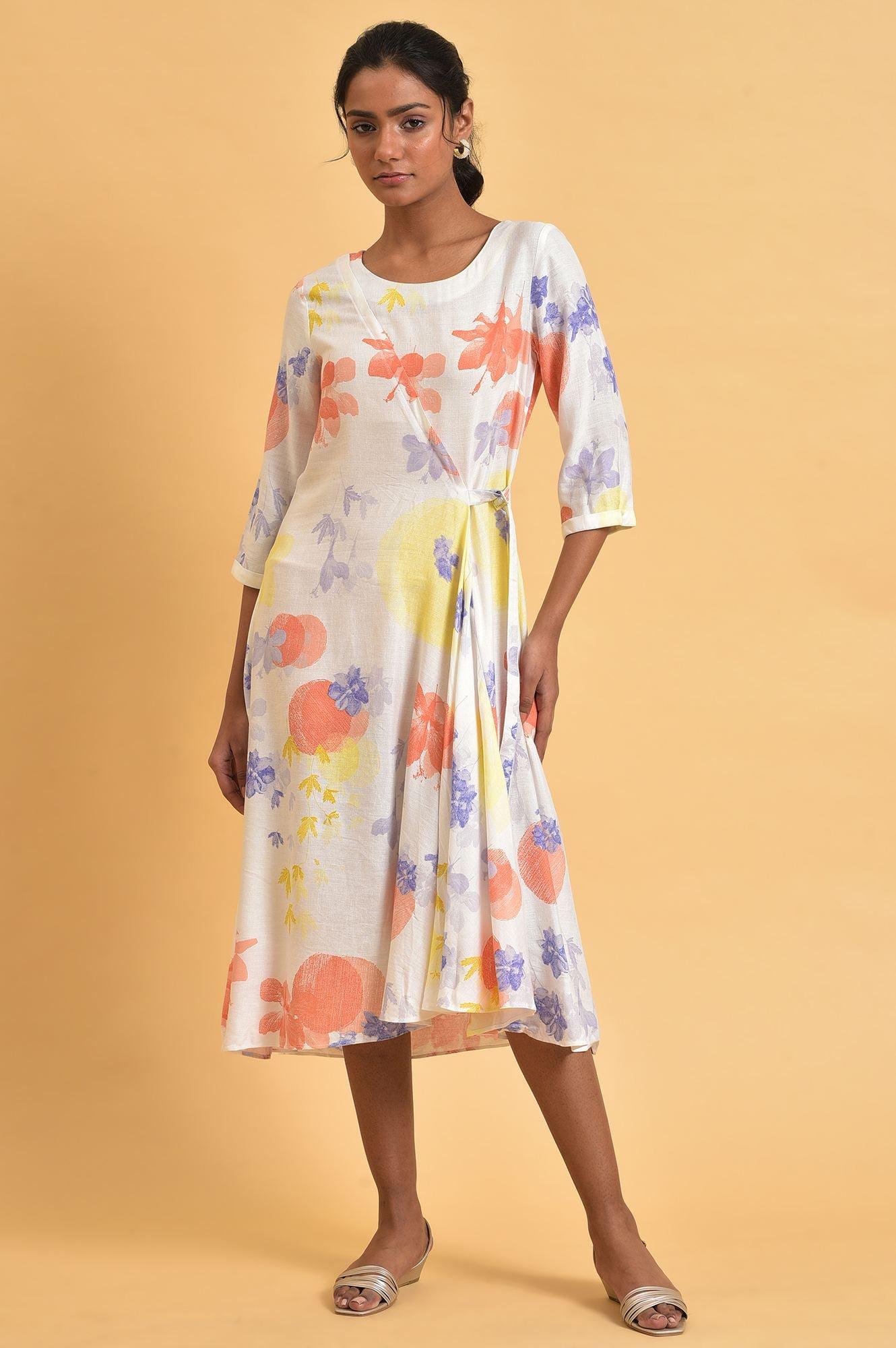 W for Woman Ecru Floral Printed Summer Wrap Dress