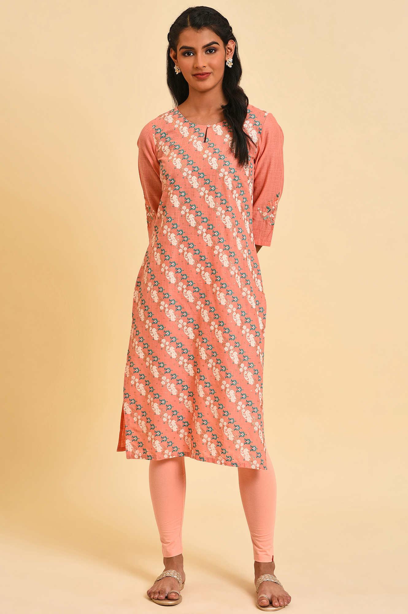 W for Woman Peach Glitter Printed Straight kurta