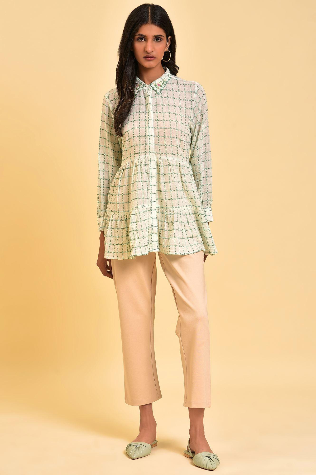 W for Woman White Tiered Top with Green Stitch Lines