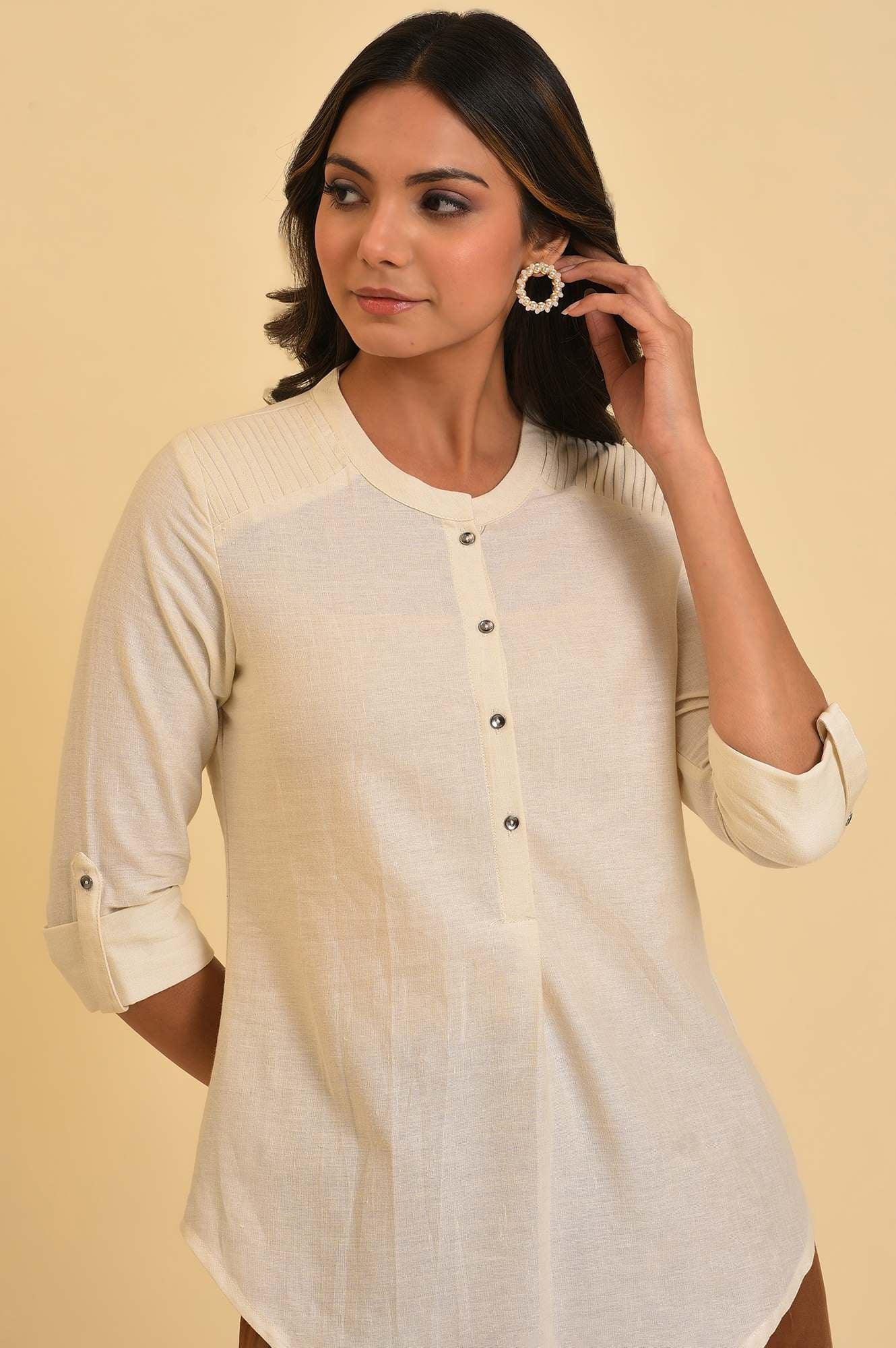 W for Woman White Blue Cotton Flax Top
