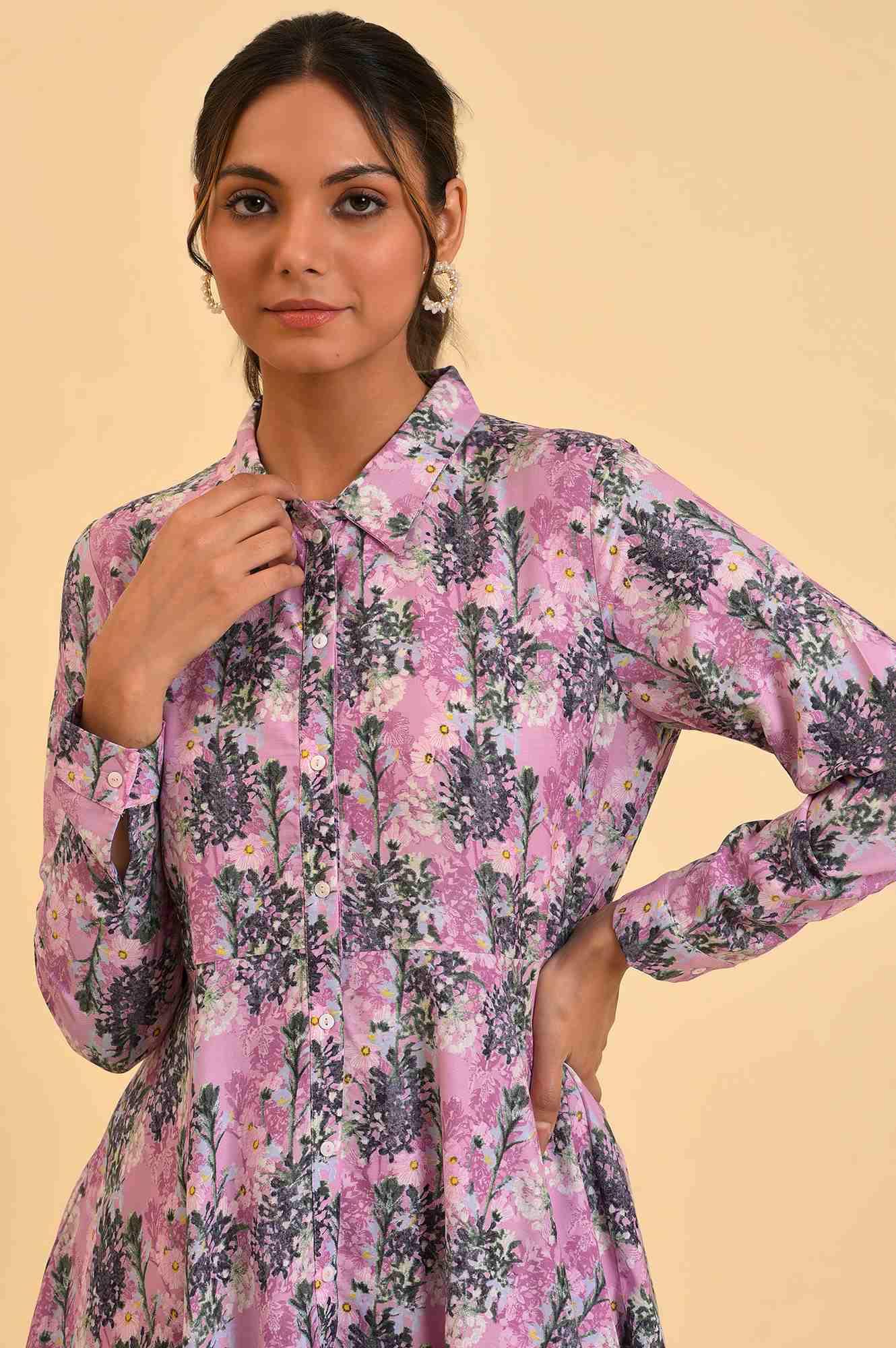 W for Woman Purple Floral Printed Flared Top