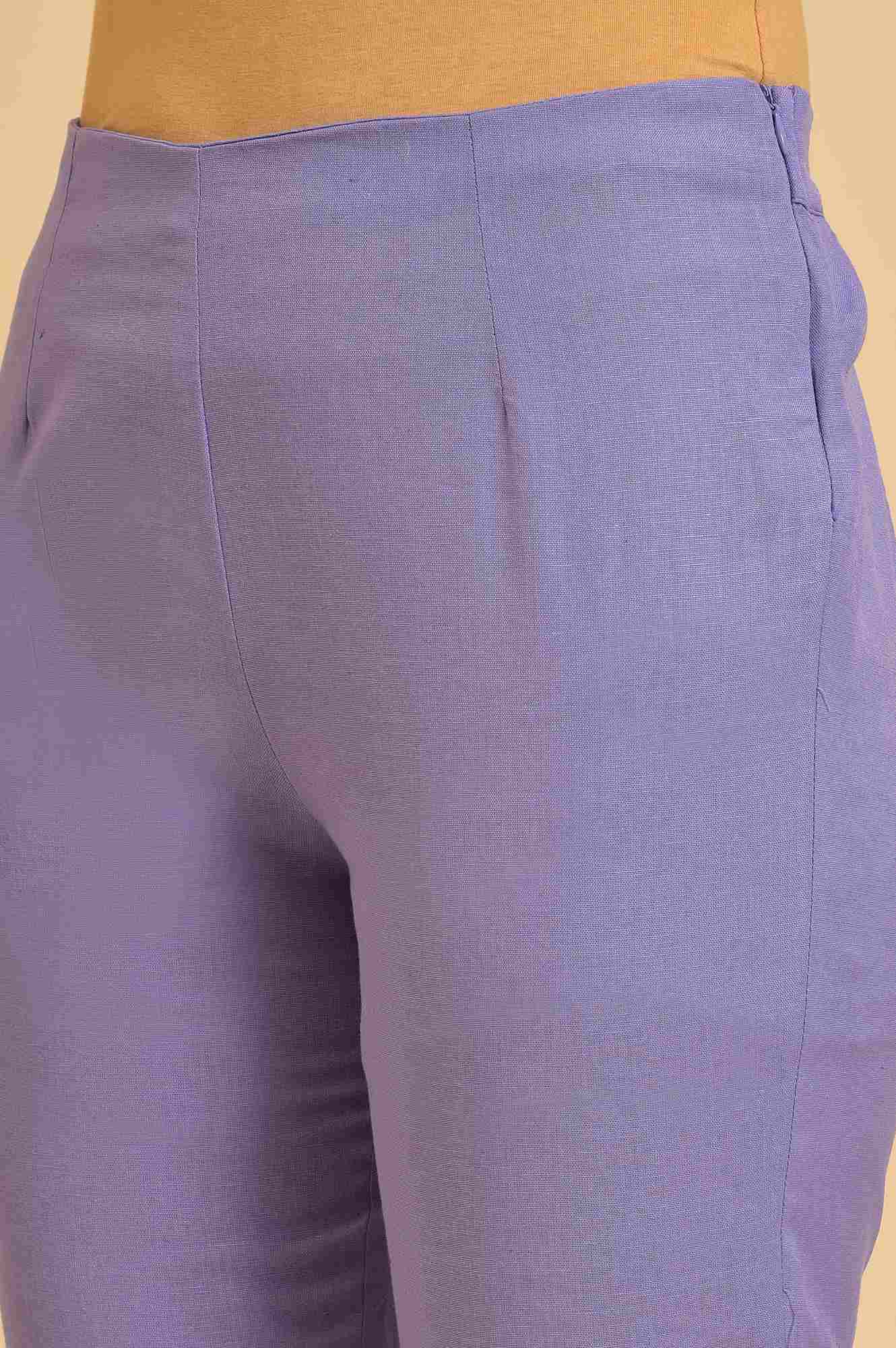 W for Woman Purple Solid Cotton Flax Slim Pants