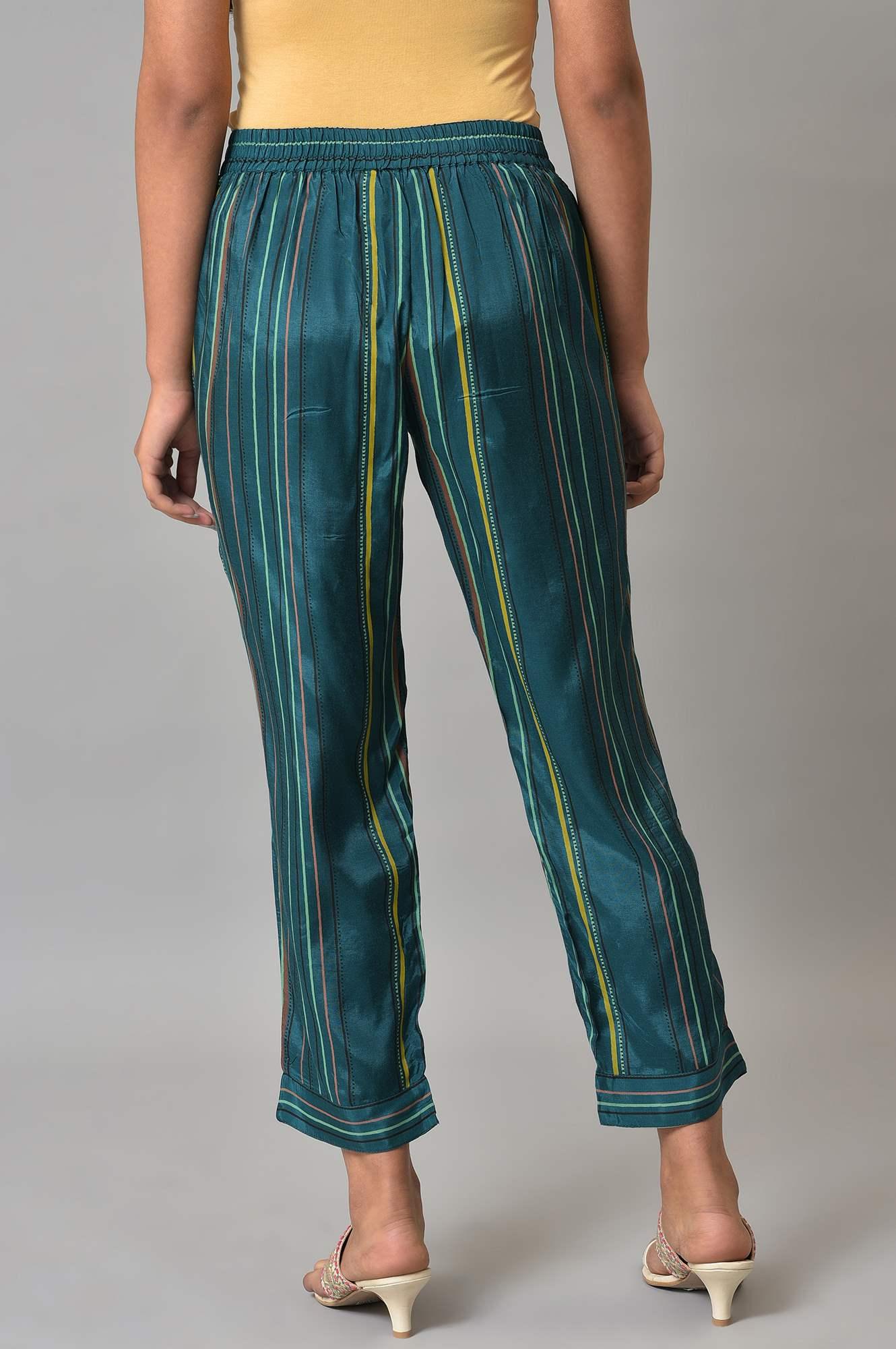 W for Woman Teal Multi-Coloured Stripe Print Plus Size Pants