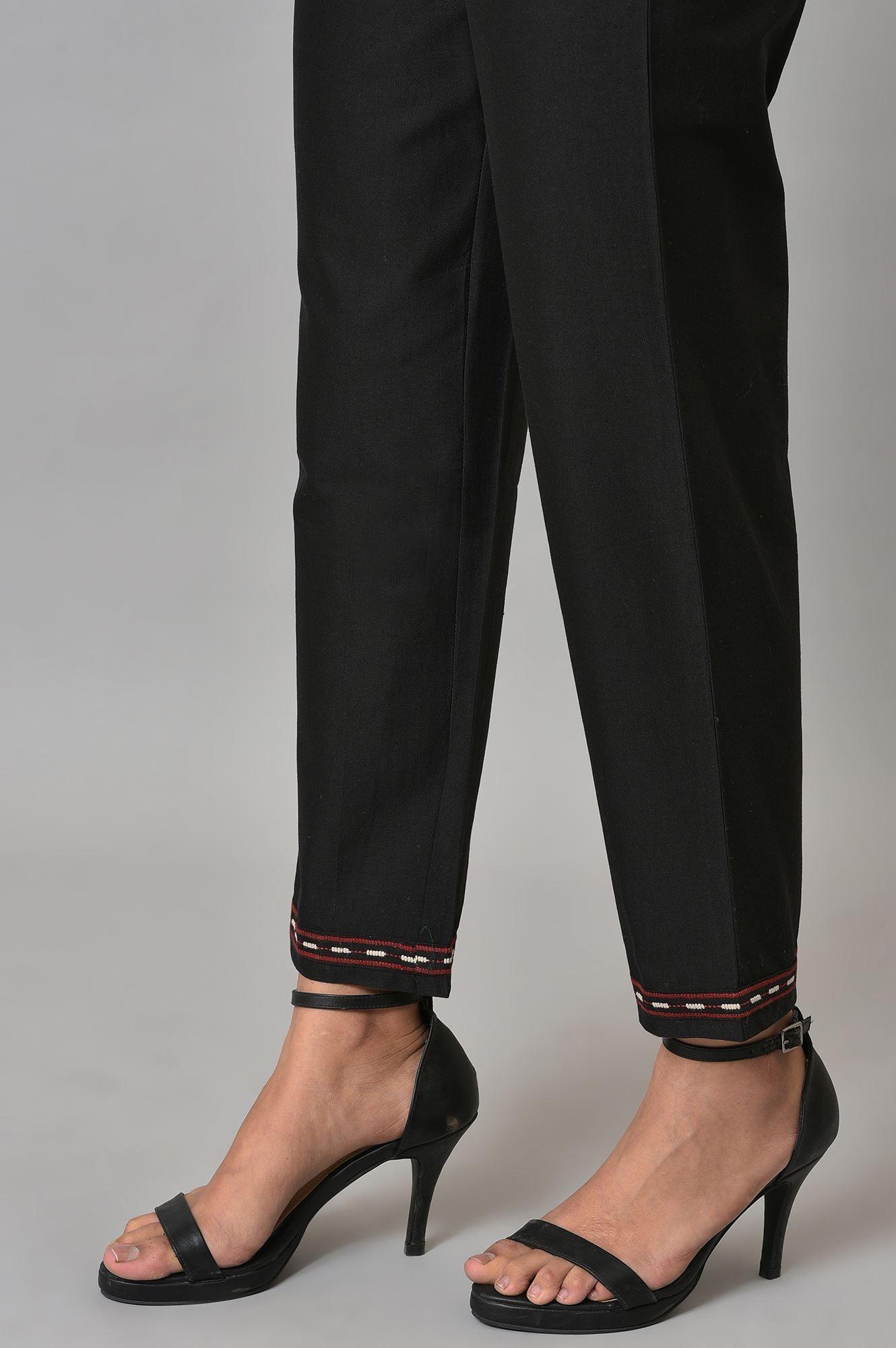 W for Woman Plus Size Black Slim Pants With Embroidery At Hemline