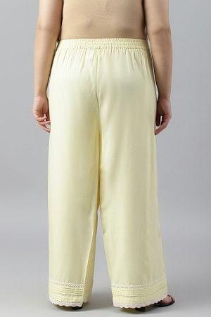 W for Woman Light Yellow Plus Size Parallel Pants With Pleats And Lace Detail