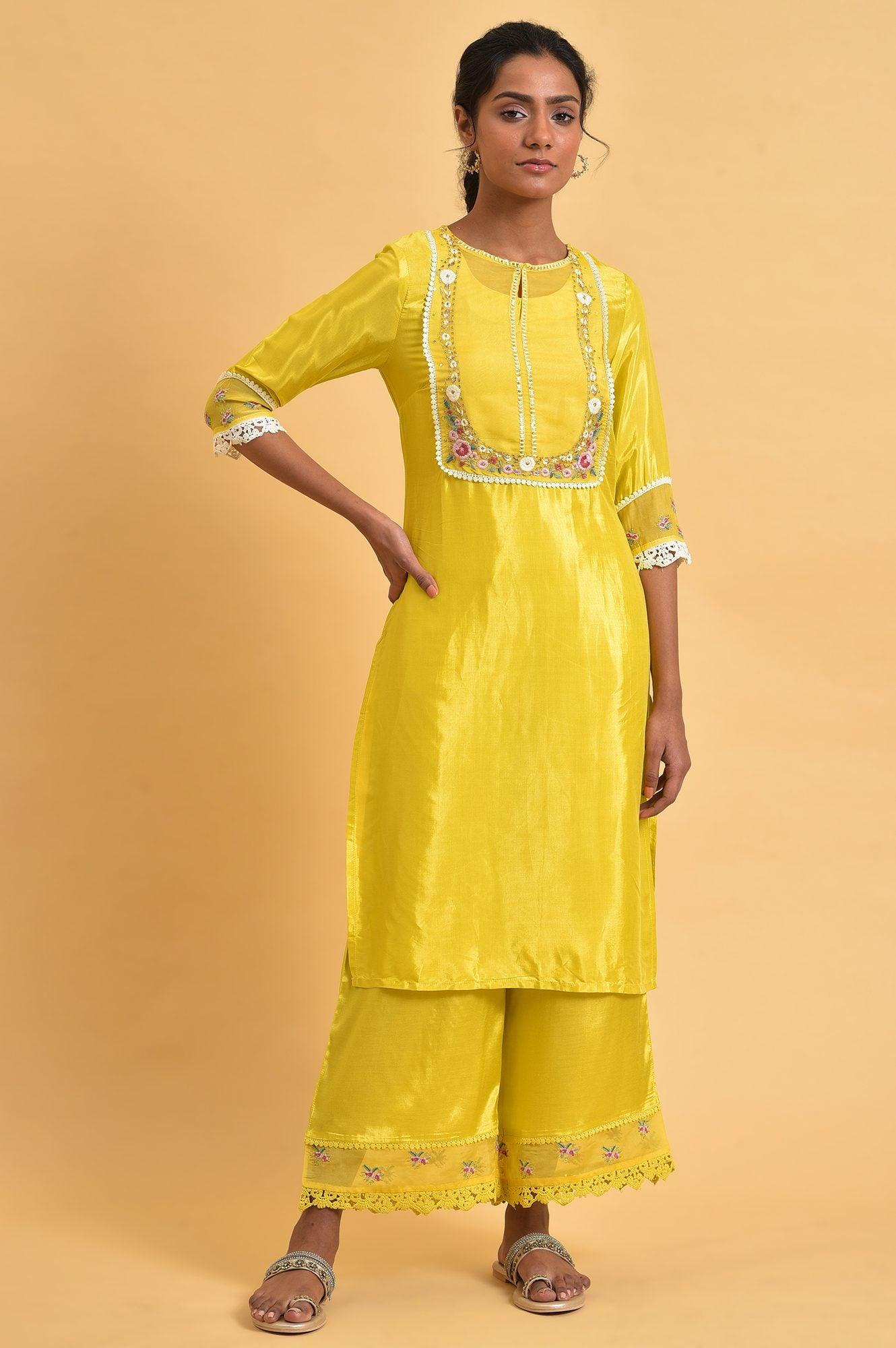 W for Woman Yellow Parallel Pants With Lace And Embroidery