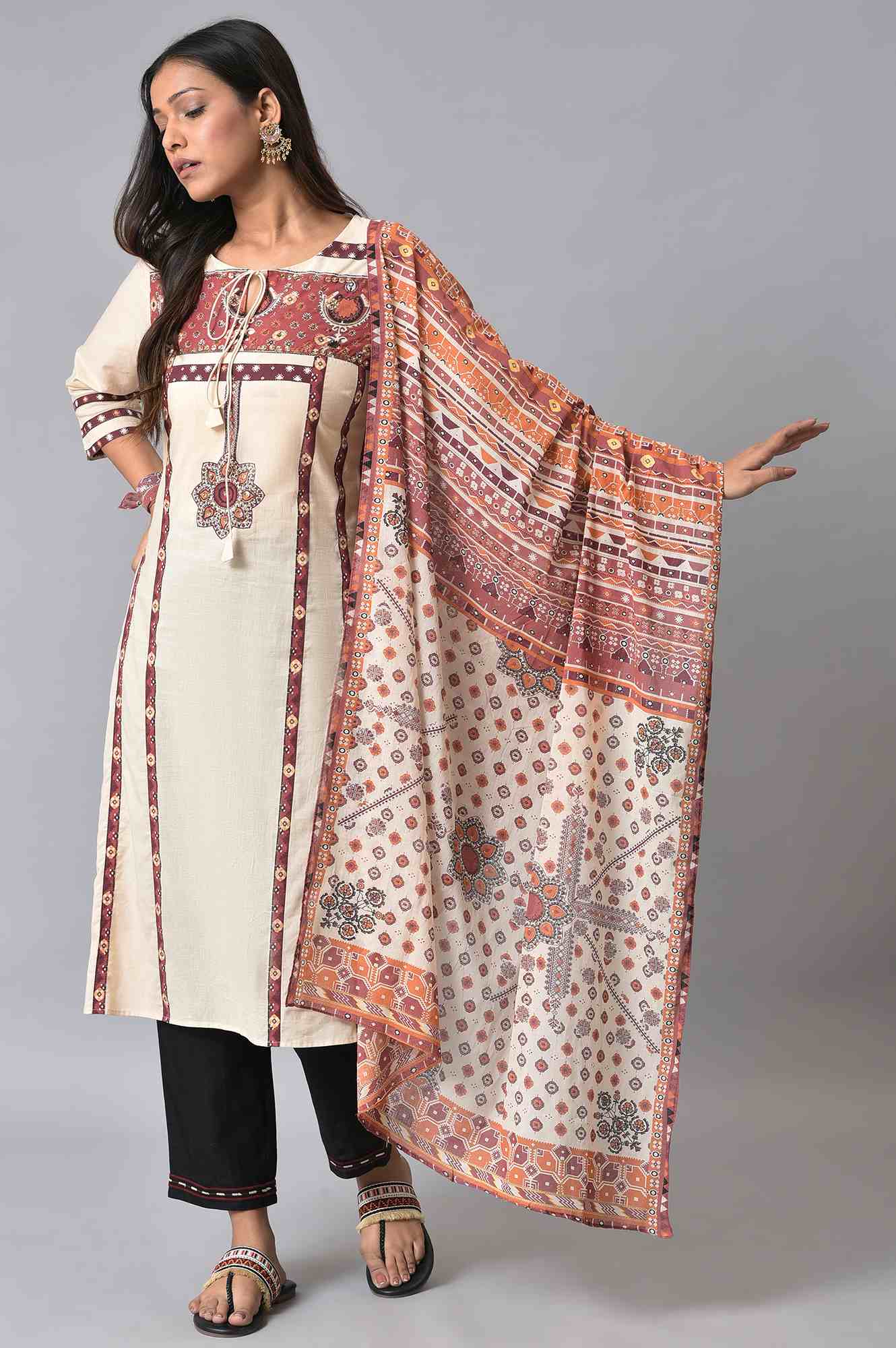 W for Woman Ecru And Brown Printed Dupatta
