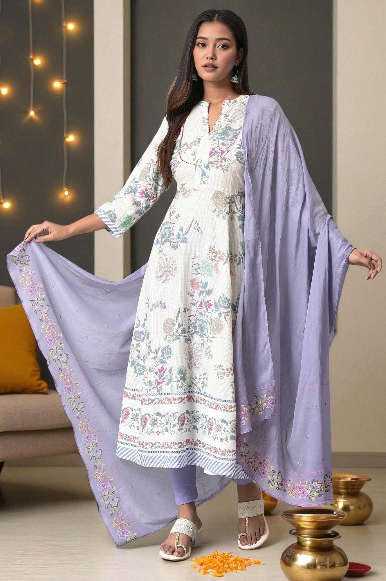 W for Woman Purple Cotton Floral Printed Dupatta