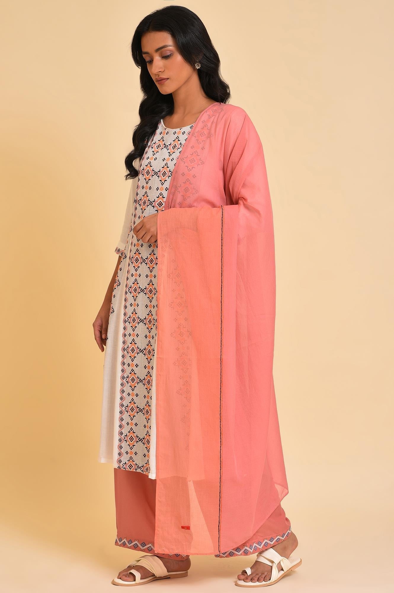 W for Woman Orange And Pink Colour Block Dupatta
