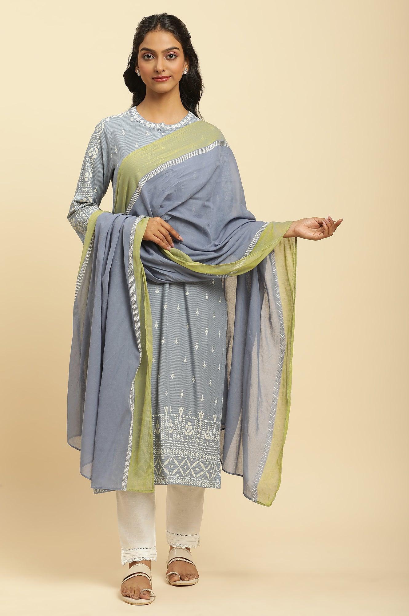 W for Woman Celery Green And Blue Colour Block Dupatta