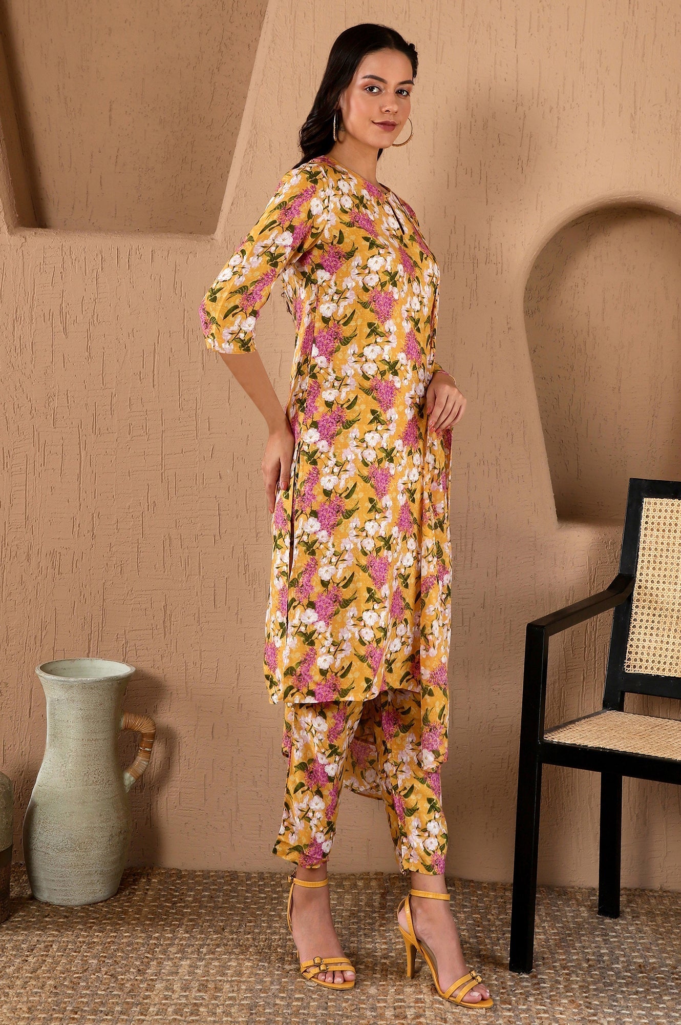W for Woman Yellow Floral Printed Kurta, Pants and Dupatta Set