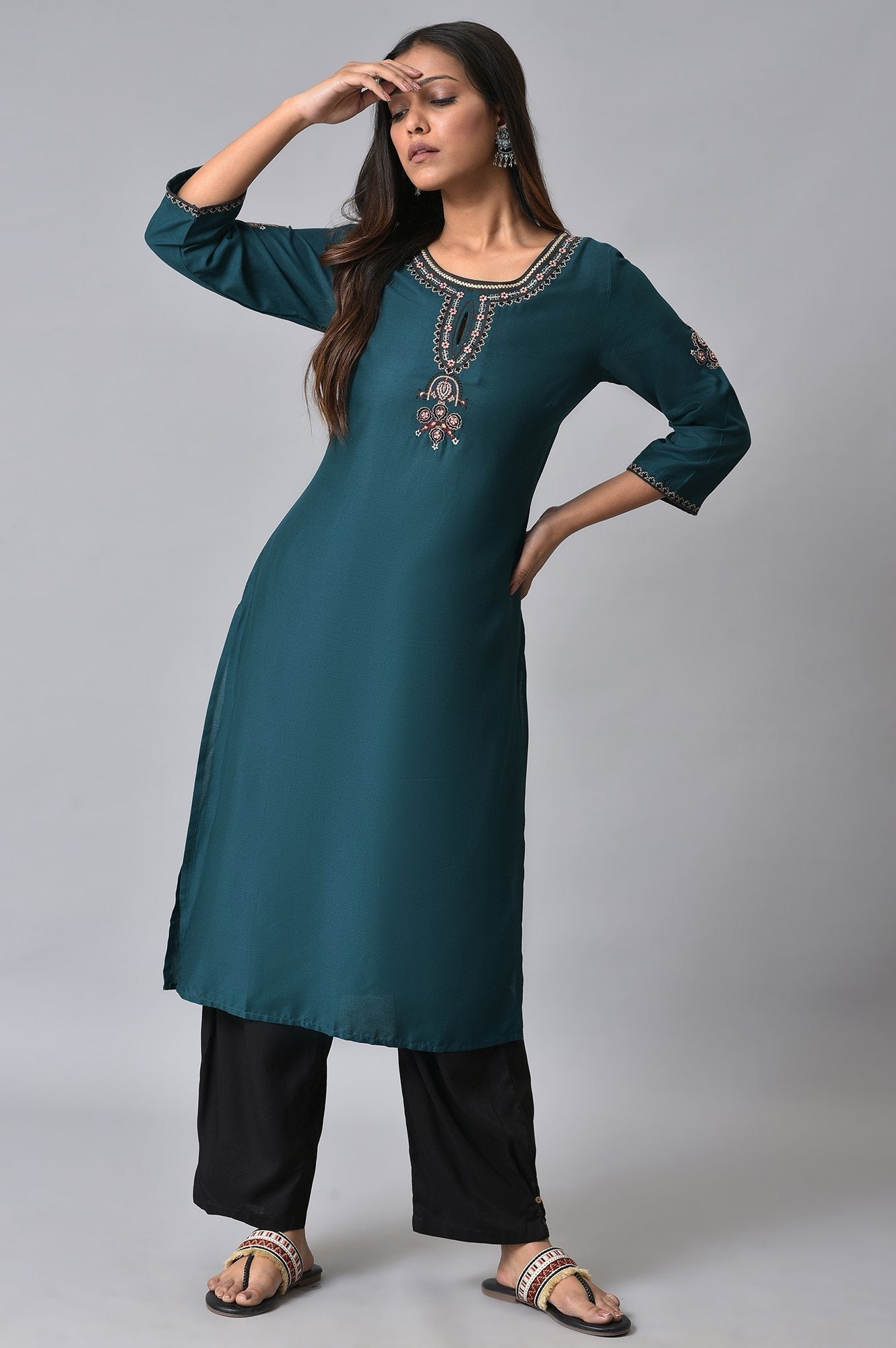 W for Woman Teal Embroidered kurta Set