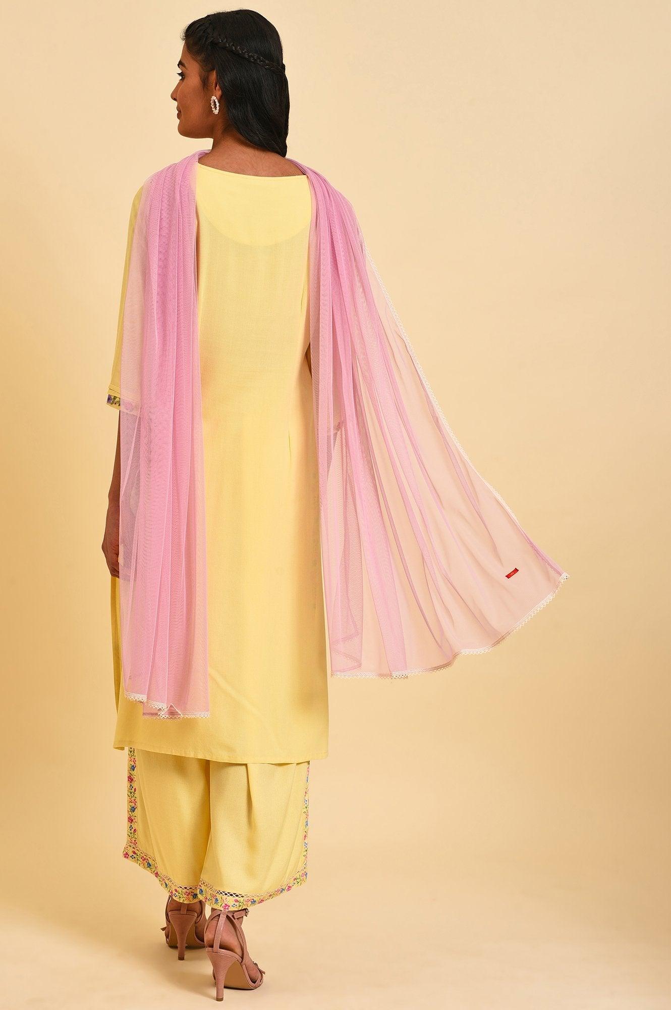 W for Woman Light Yellow Embroidered Plus Size kurta Set