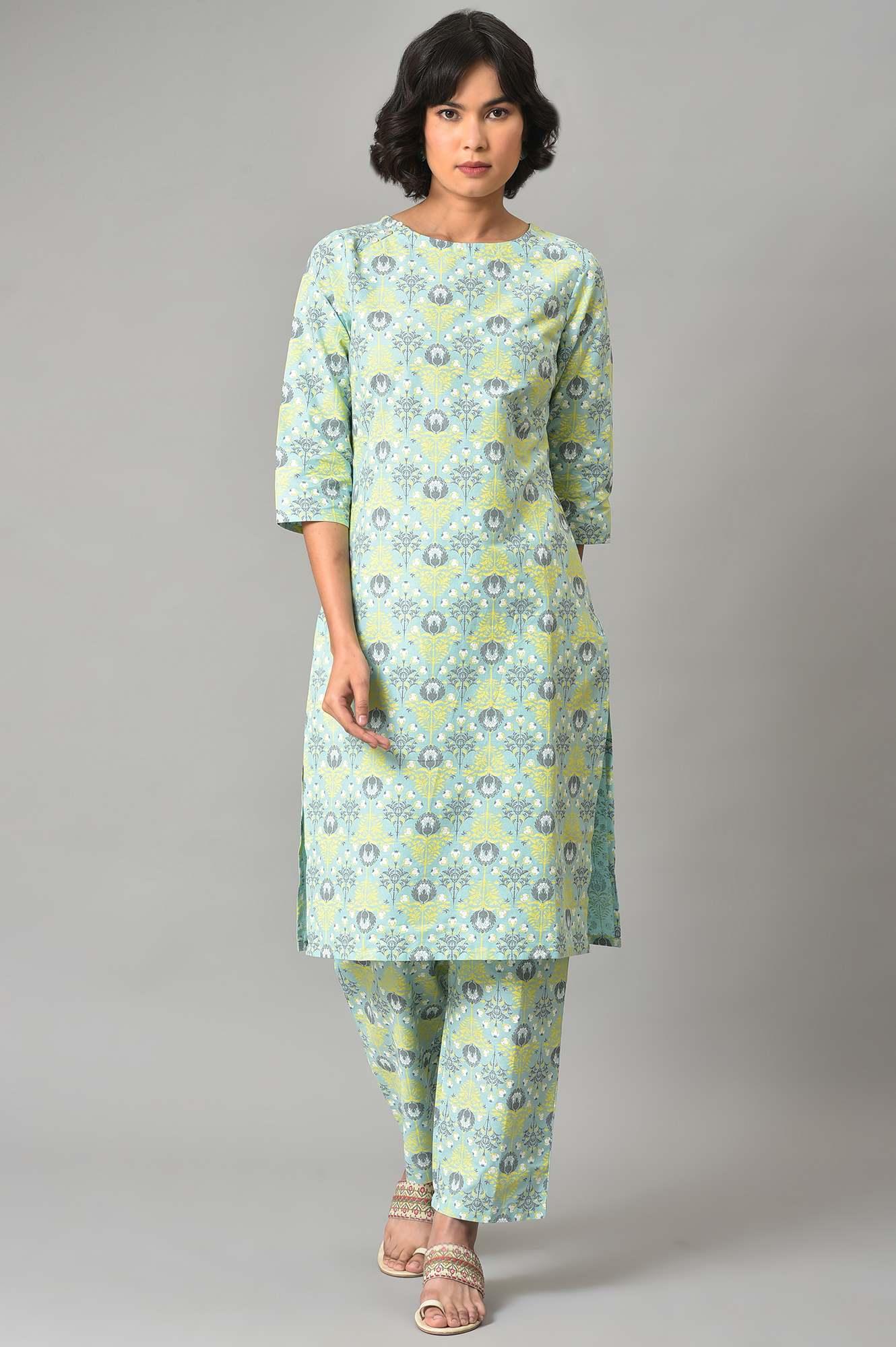 W for Woman Light Green Printed kurta And Pants Co-Ord Set