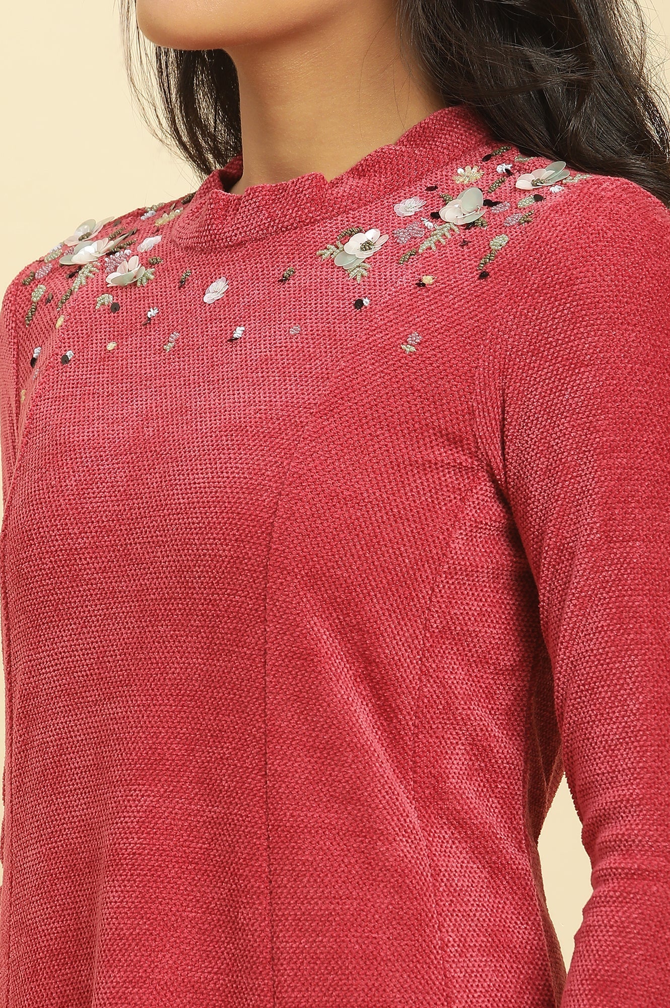 W for Woman Red Embellished Winter Flared Dress