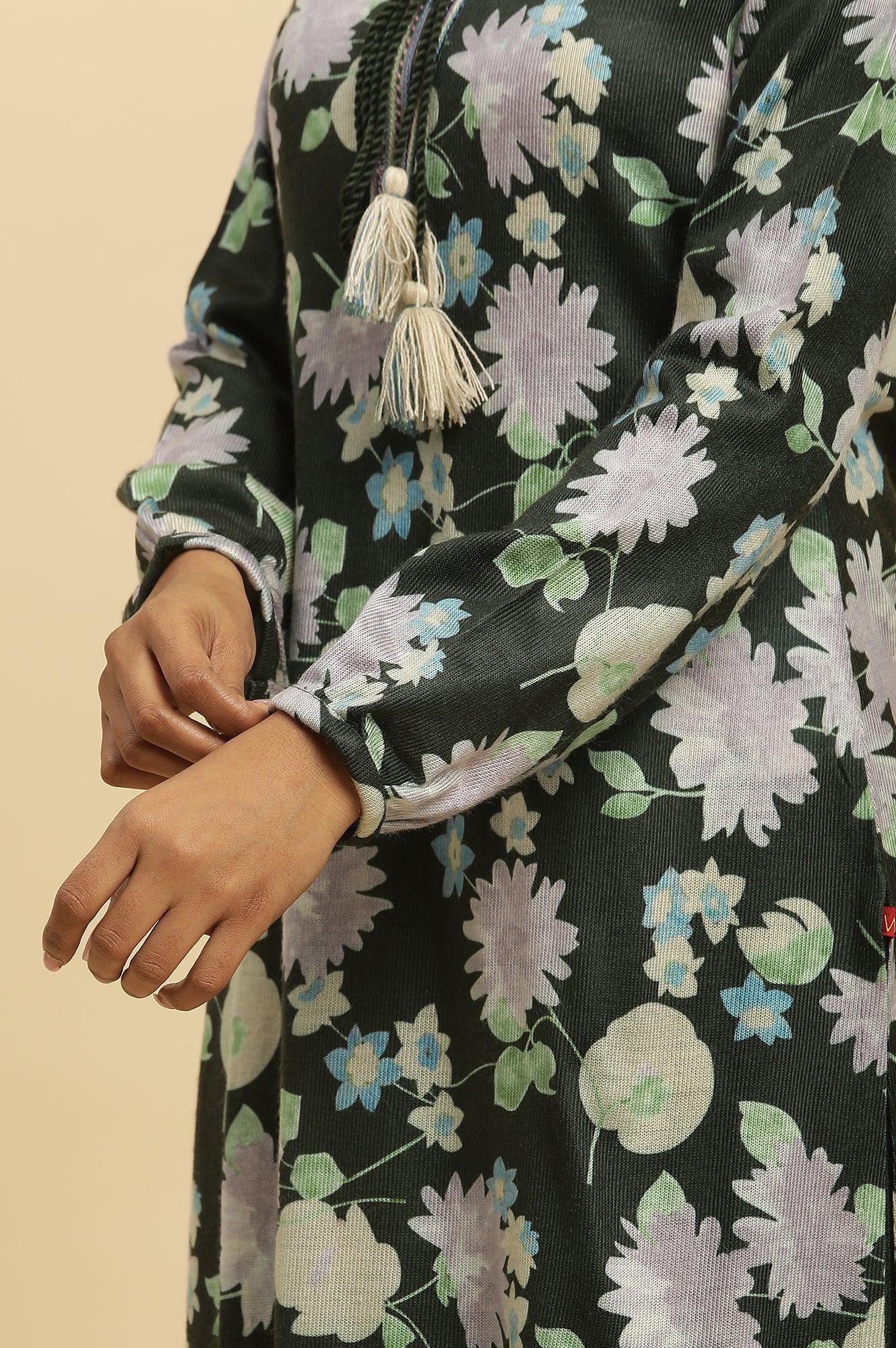 W for Woman Green Floral Printed Winter Kurta And Tights Set