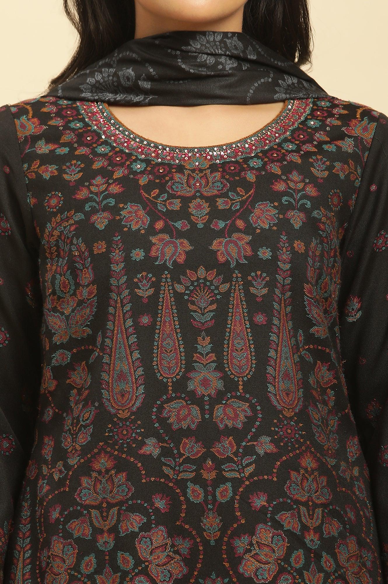 W for Woman Black Printed Acrylic Kurta, Pants And Shawl Set