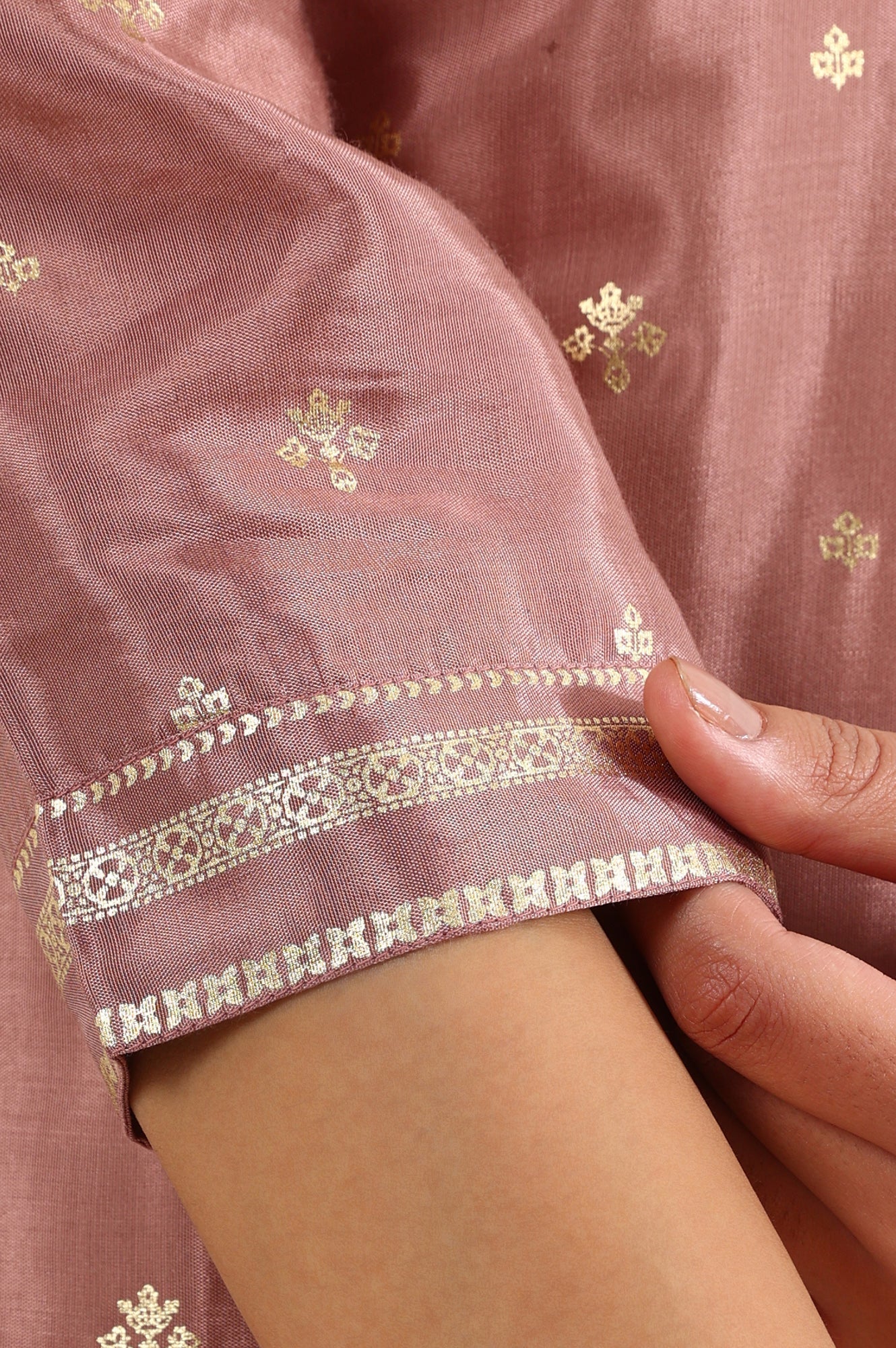W for Woman Pink Glitter Printed Shantung Straight Kurta With Embroidered Neck