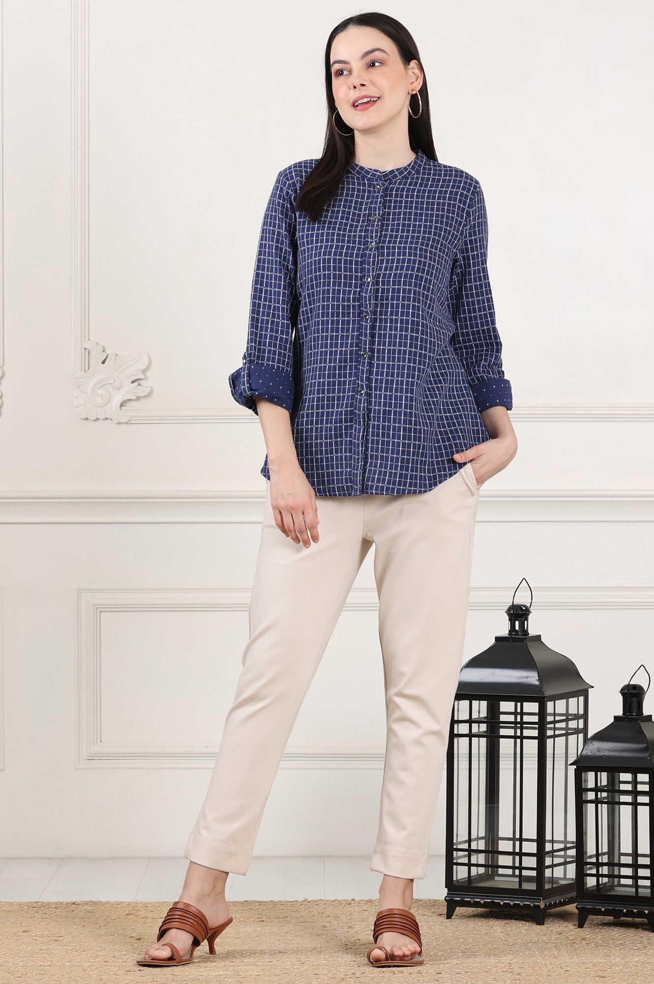 W for Woman Blue Check Printed Pure Cotton Western Top