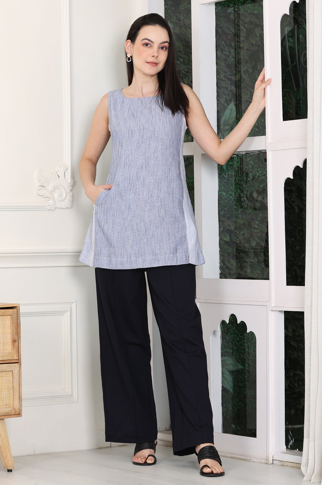 W for Woman Deep Blue Yarn-Dyed Pure Cotton Sleeveless Tank Top