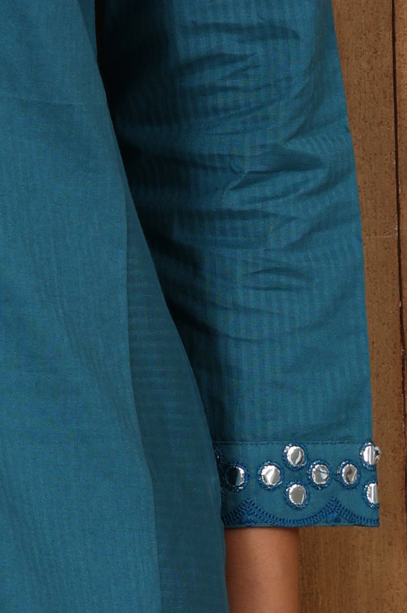 W for Woman Teal Blue Mirror Work Pure Cotton Straight Kurta