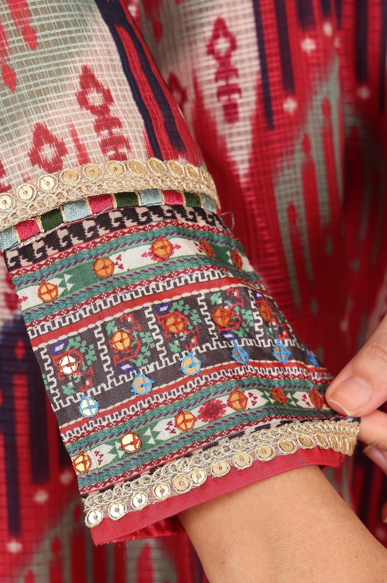W for Woman Red And Multi-Coloured Ikkat Printed Flared Dress With Thread & Mirror Work
