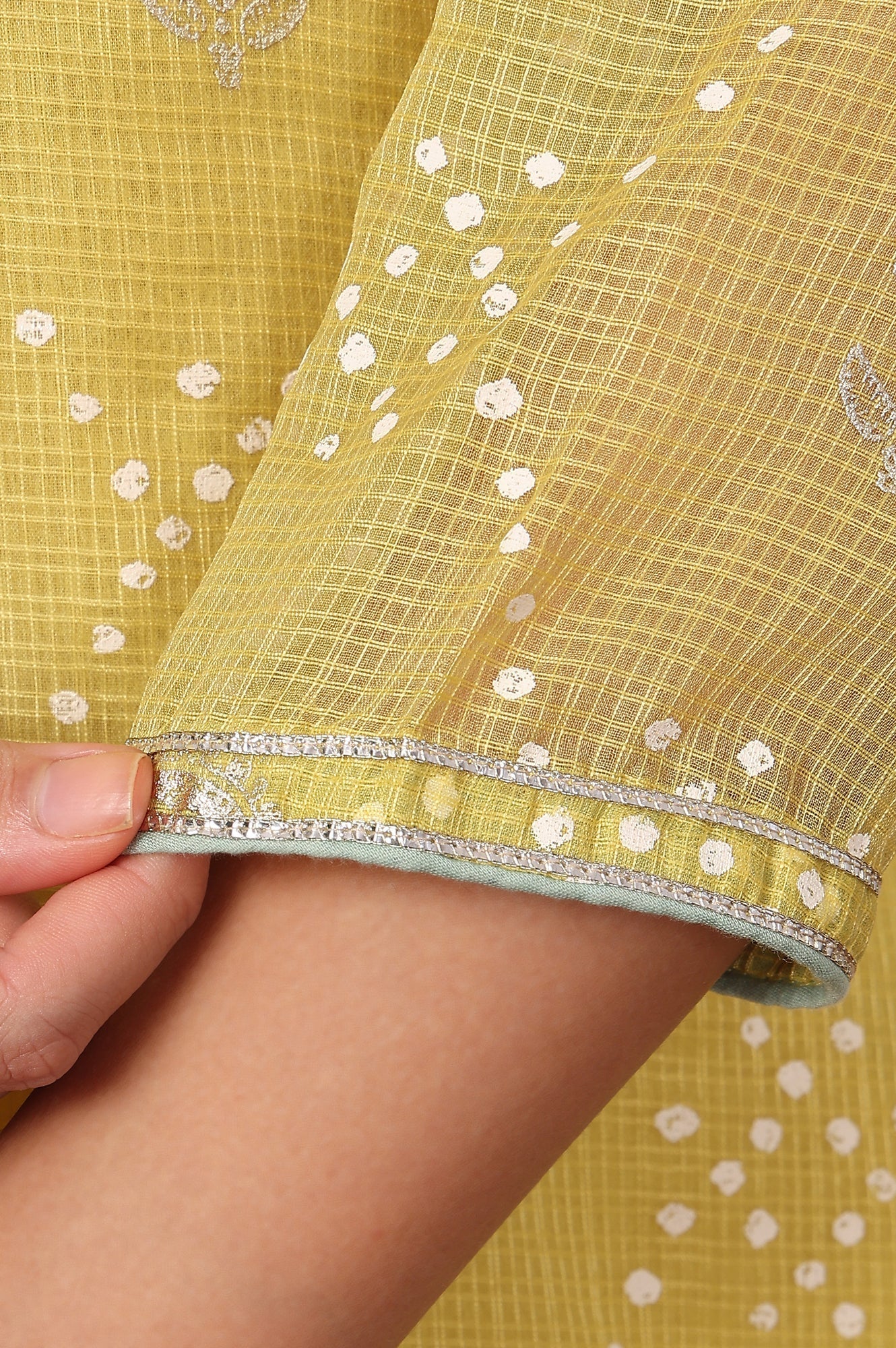 W for Woman Yellow Geometric Foil Printed Zari Embroidered Straight Kota Doriya Kurta