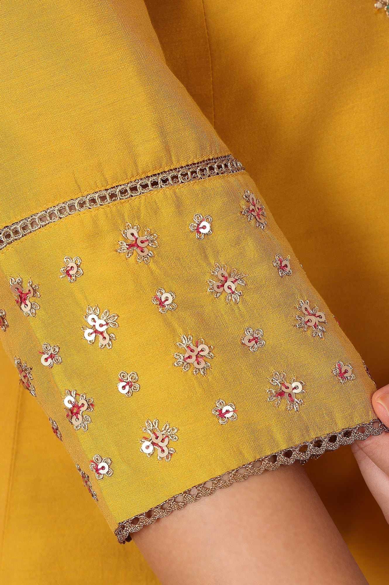 W for Woman Yellow Embroidered A-Line Rayon Kurta with Straight Pant and Dupatta Set