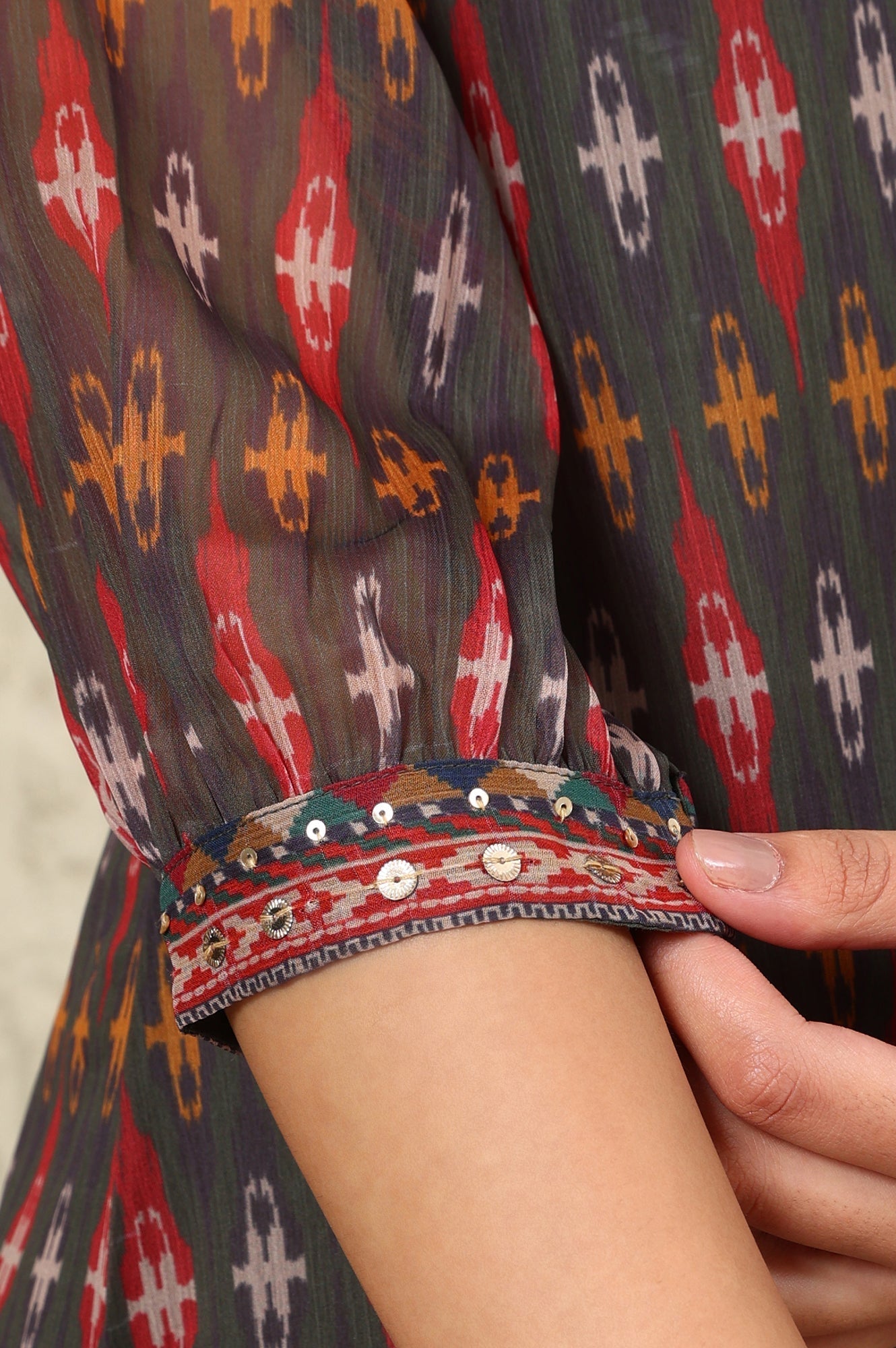 W for Woman Green Geometric Printed Chiffon Straight Kurta With Sequined Neckline