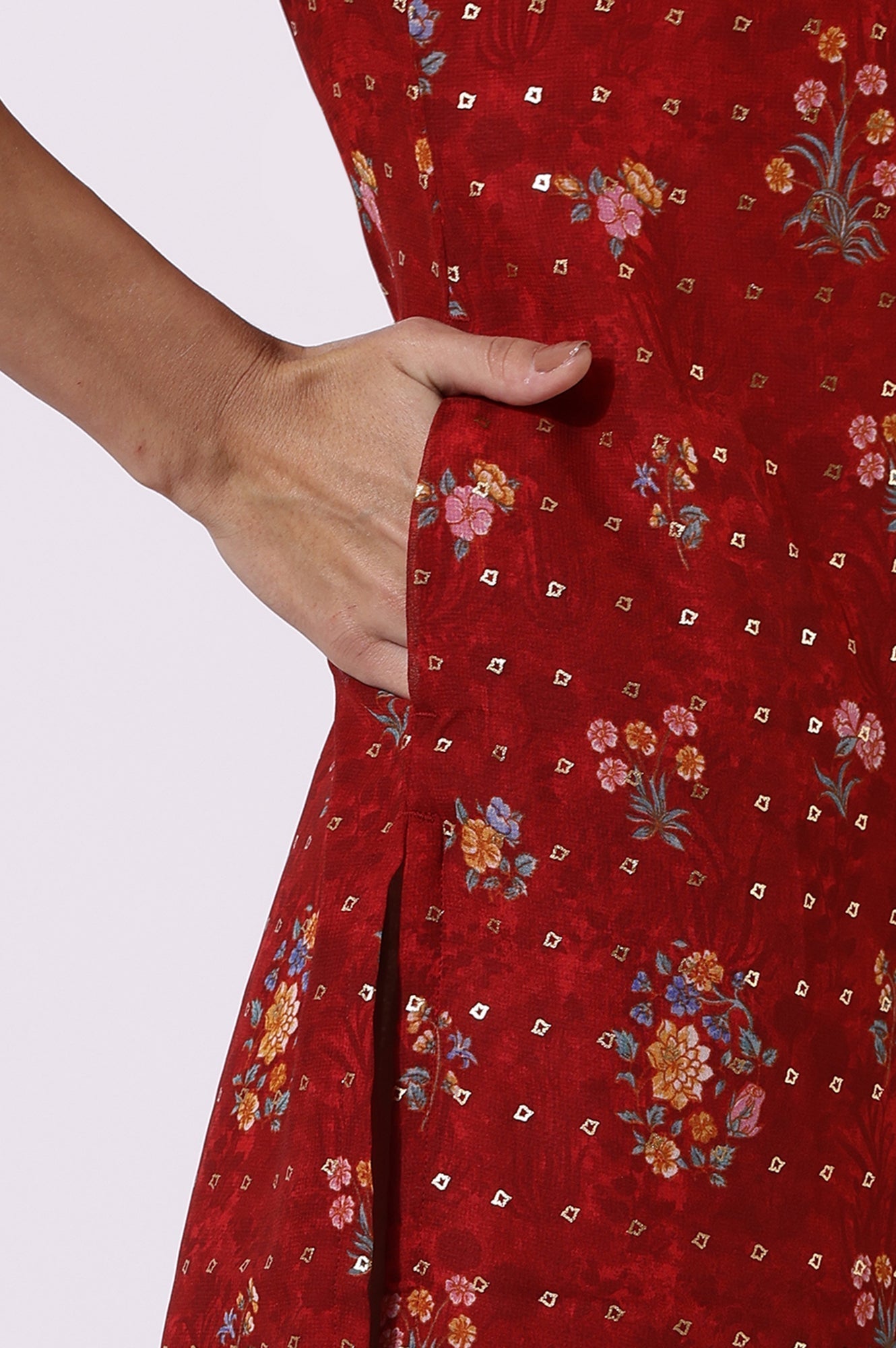 W for Woman Red Printed Lace Straight Kurta