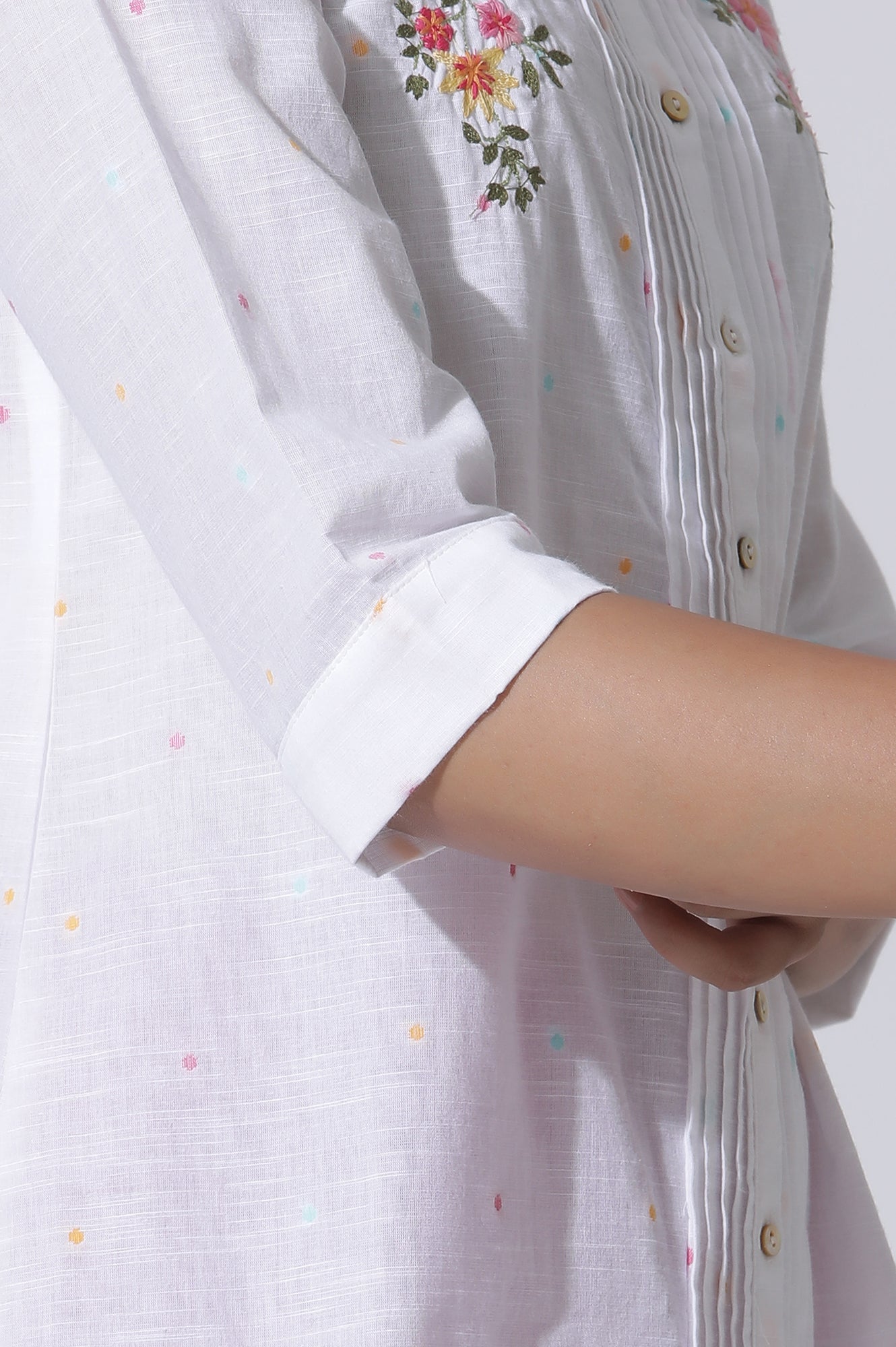 W for Woman White Embroidered Cotton Top With Pintucks