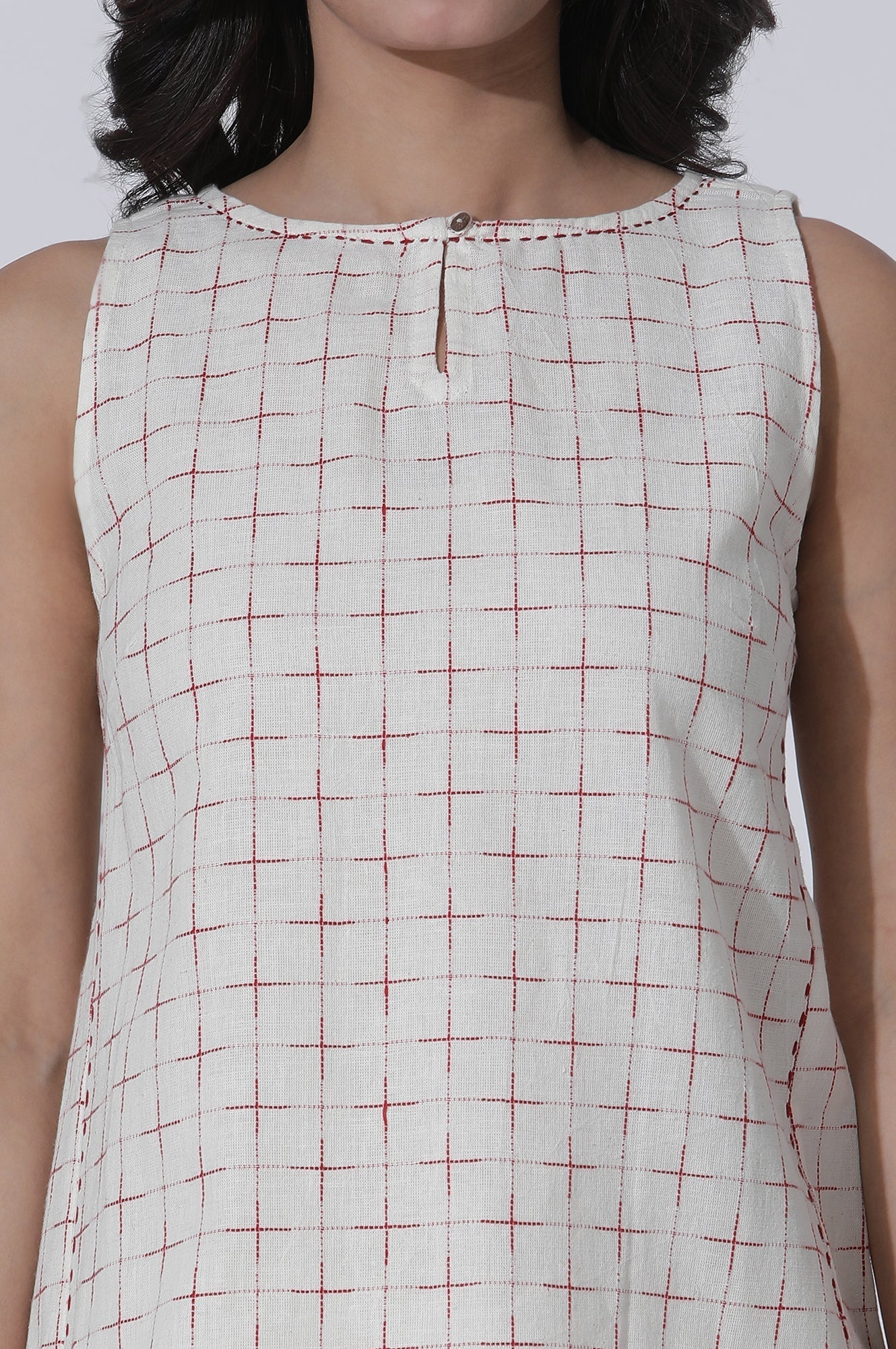 W for Woman White Yarn-Dyed Checks Cotton Blend Sleeveless Tank Top